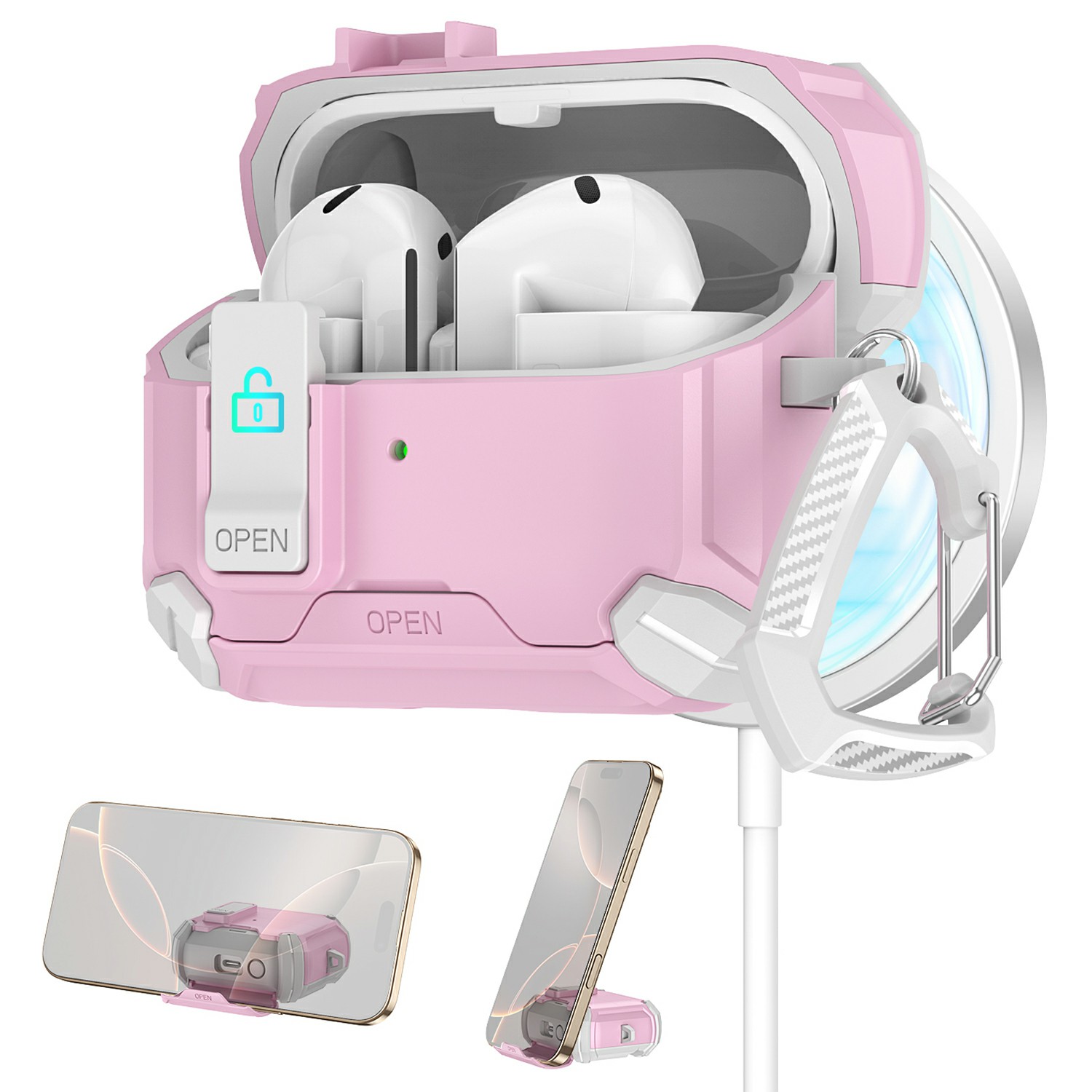 For Samsung Galaxy Buds3 Pro  /  Buds3 Case TPU + PC Magnetic Case Stand Bluetooth-compatible Earbuds Cover with Carabiner - White  /  Pink