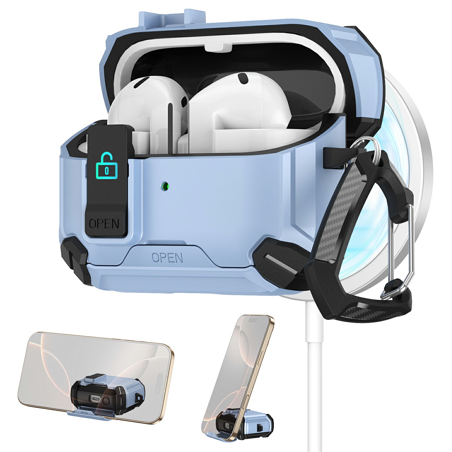 For Samsung Galaxy Buds3 Pro  /  Buds3 Case TPU + PC Magnetic Case Stand Bluetooth-compatible Earbuds Cover with Carabiner - Black  /  Baby Blue