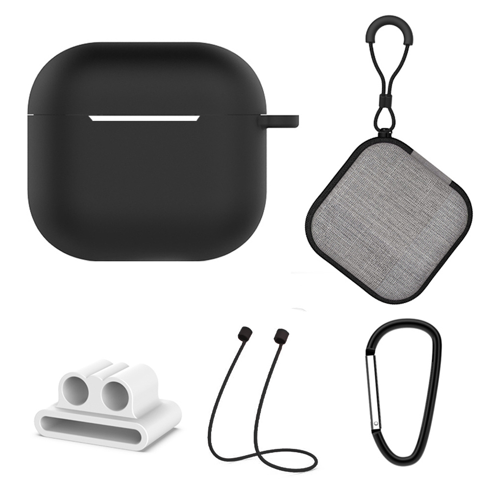 5Pcs  /  Set For AirPods 4 Soft Silicone Case Kit with Keychain  /  Earphone Holder  /  Anti-Lost Neck Strap  /  Storage Case - Black