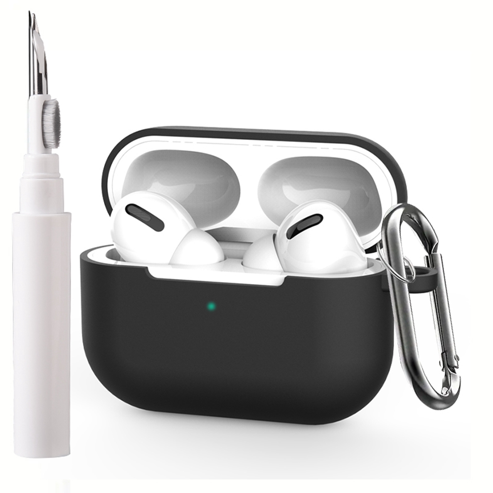 For Apple AirPods Pro Silicone Case Earphone Cover with Cleaning Pen and Hook - Black
