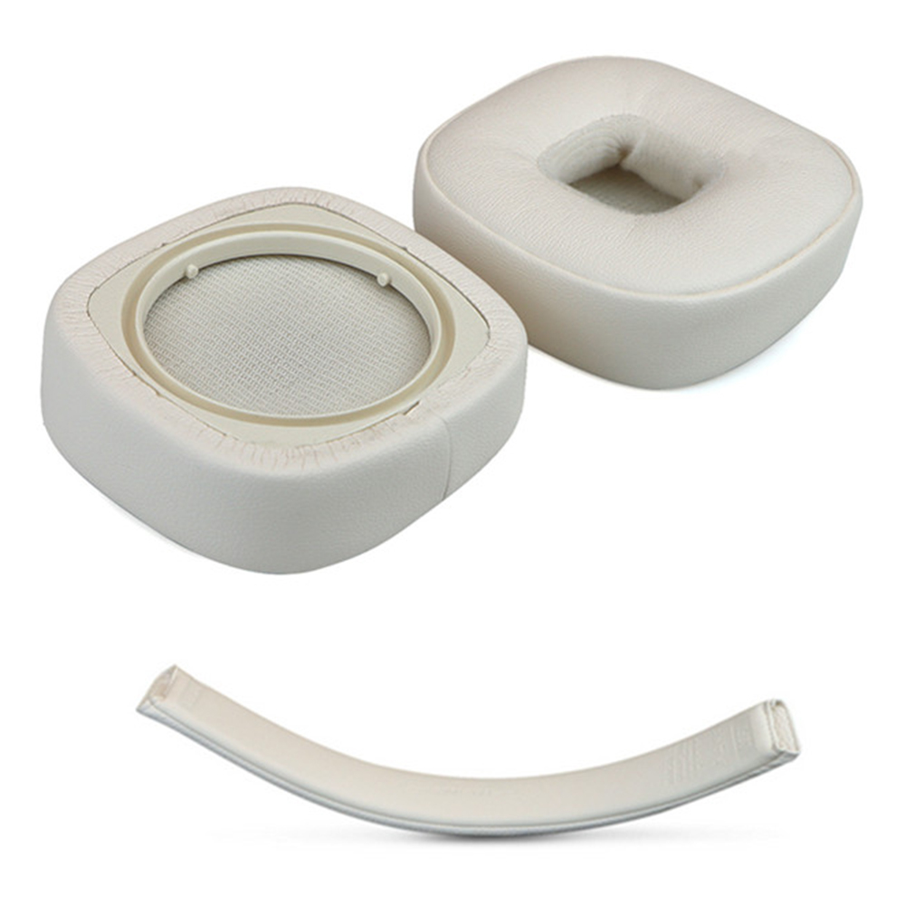 For Marshall Major V Headphones Replacement Ear Pads Protein Leather Cushions + Headband Cover Set - White