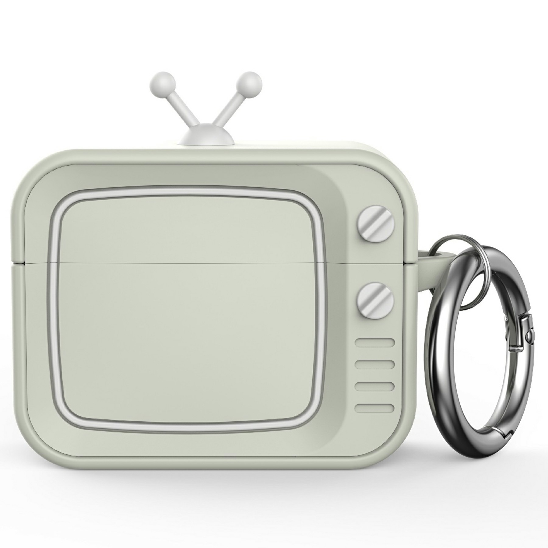For AirPods Pro 2 Silicone Case Retro TV Design Shockproof Earbuds Cover with Carabiner - White