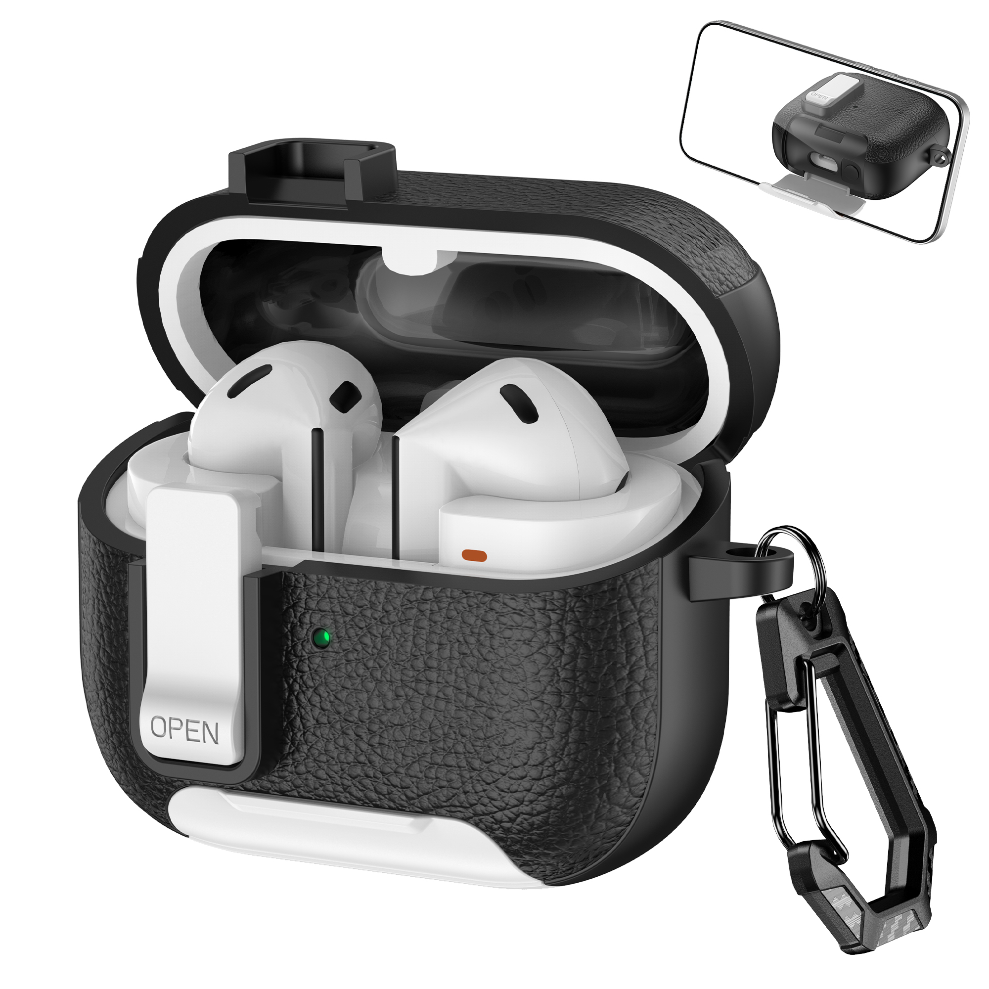 For Samsung Galaxy Buds3 Pro / Buds3 Protective Case with Stand Litchi Texture TPU + PC Earphone Cover with Lock and Carabiner - Black / White