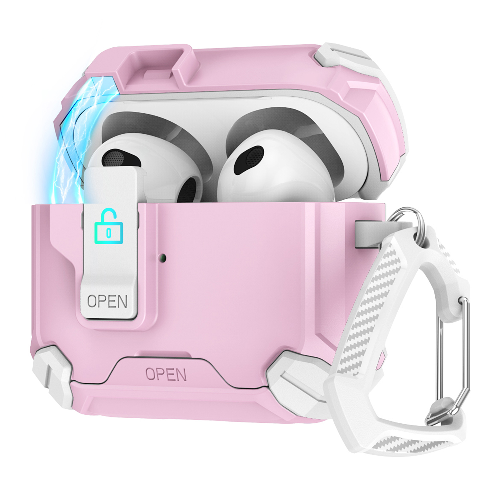 For Apple AirPods 3 Case TPU + PC Compatible with MagSafe Stand Earbuds Cover with Carabiner - White  /  Pink