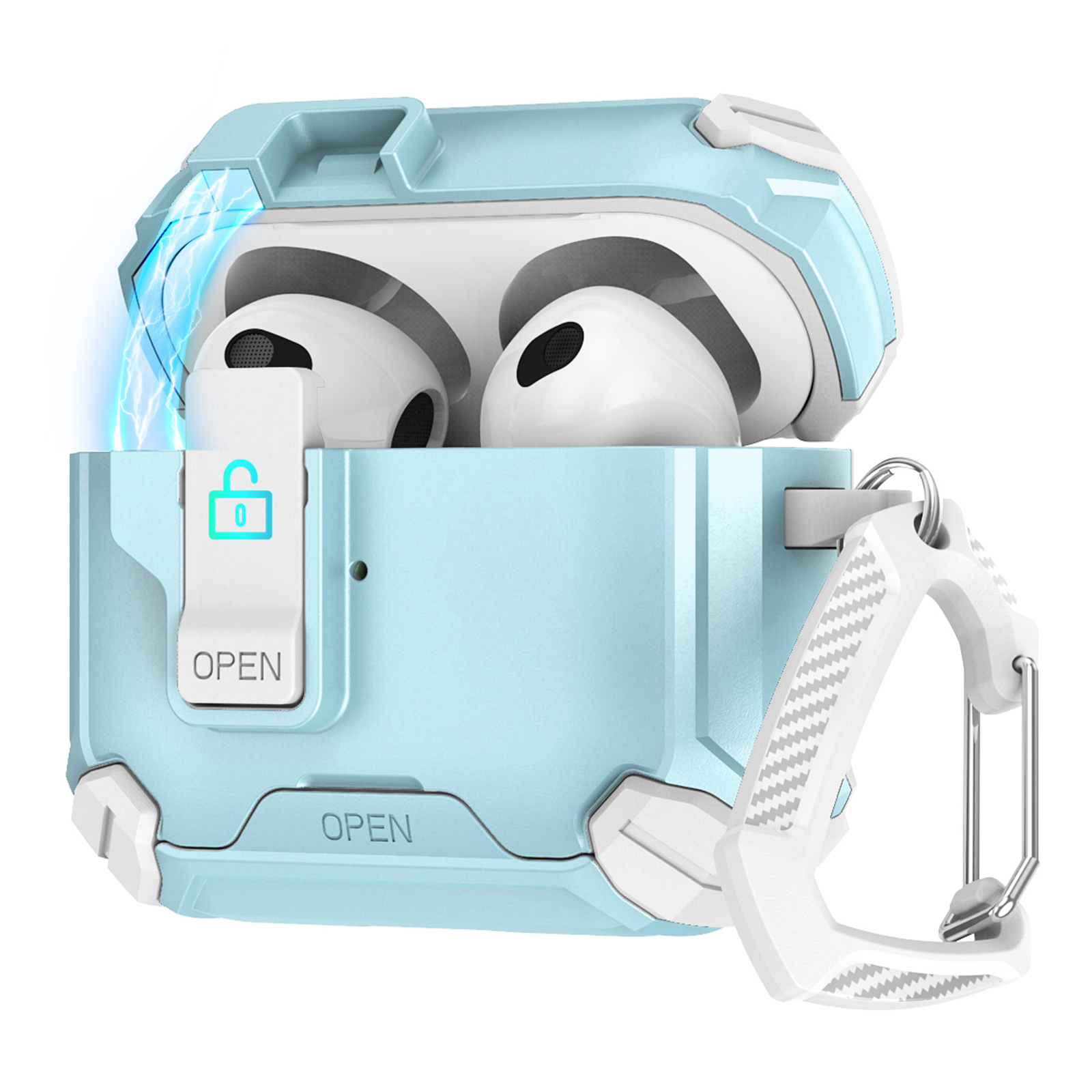 For Apple AirPods 3 Case TPU + PC Compatible with MagSafe Stand Earbuds Cover with Carabiner - White  /  Baby Blue