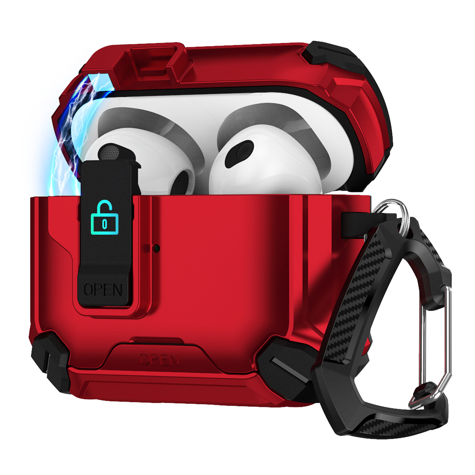 For Apple AirPods 3 Case TPU + PC Compatible with MagSafe Stand Earbuds Cover with Carabiner - Black  /  Red