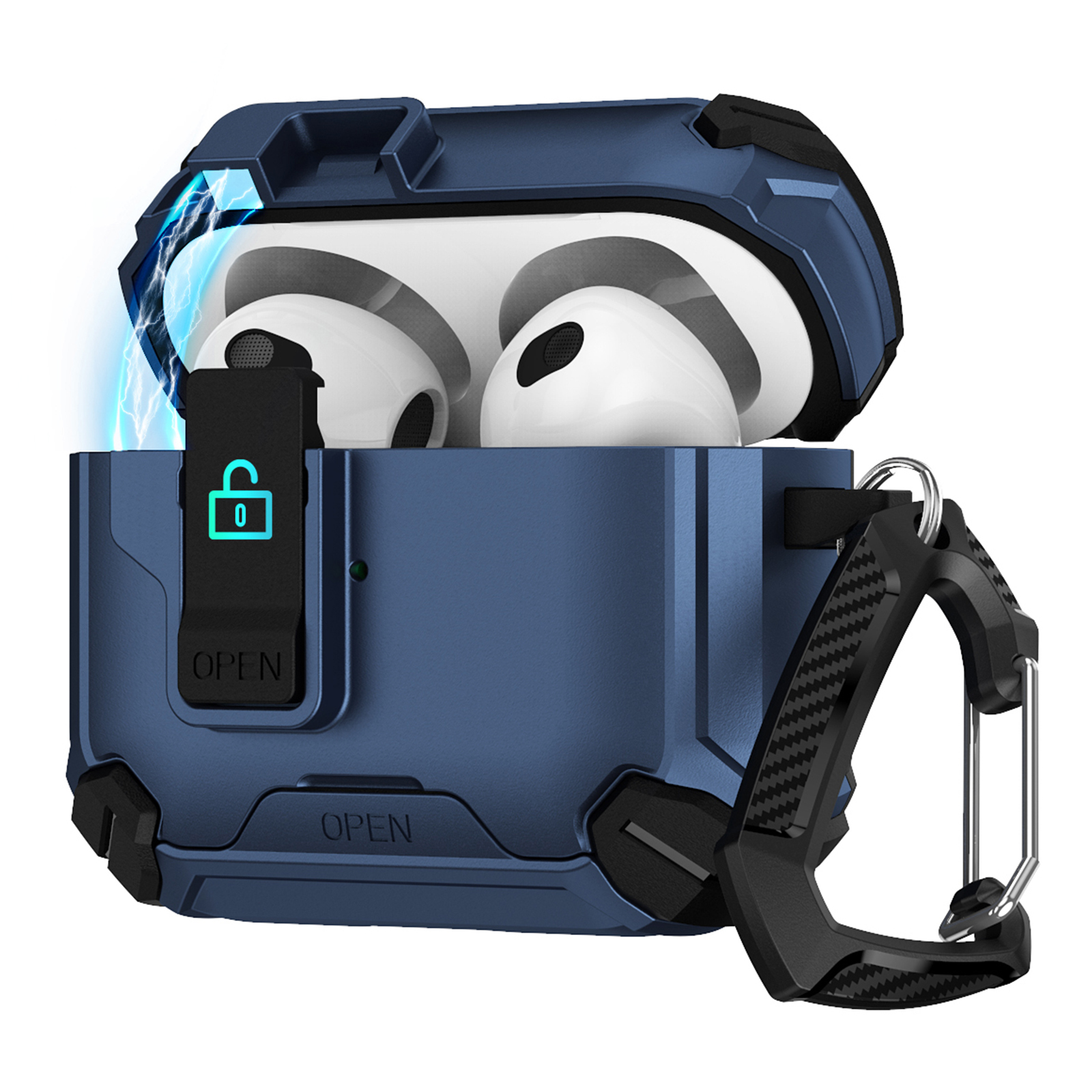 For Apple AirPods 3 Case TPU + PC Compatible with MagSafe Stand Earbuds Cover with Carabiner - Black  /  Dark Blue