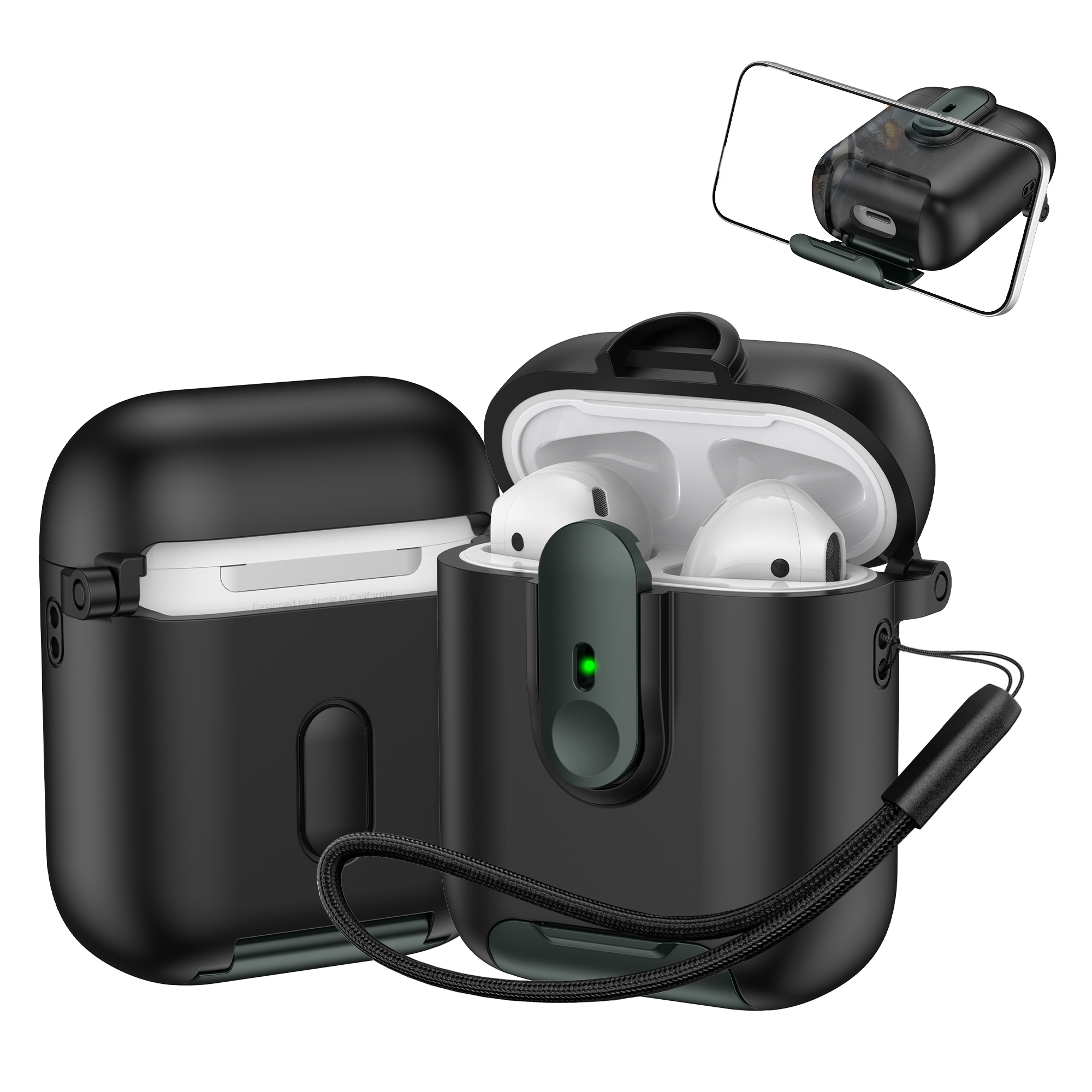 Switch Lock Case for Apple AirPods with Wireless Charging Case (2019)  /  AirPods with Charging Case (2019)  /  (2016), with Lanyard - Black  /  Green