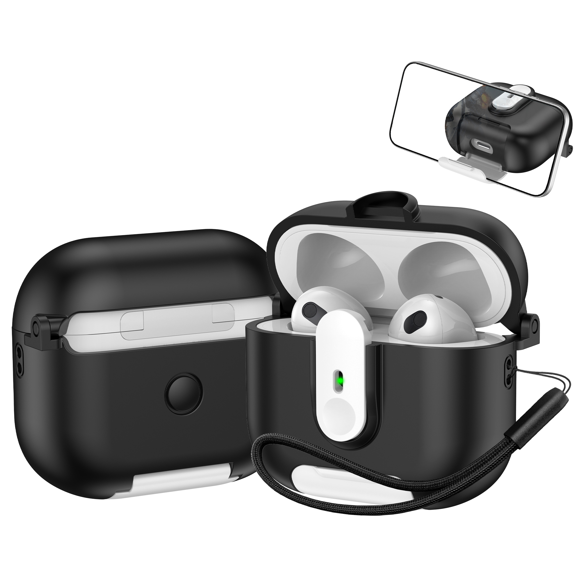 For Apple AirPods 3 Protective Case Switch Lock Earbuds Cover with Stand and Lanyard - Black / White