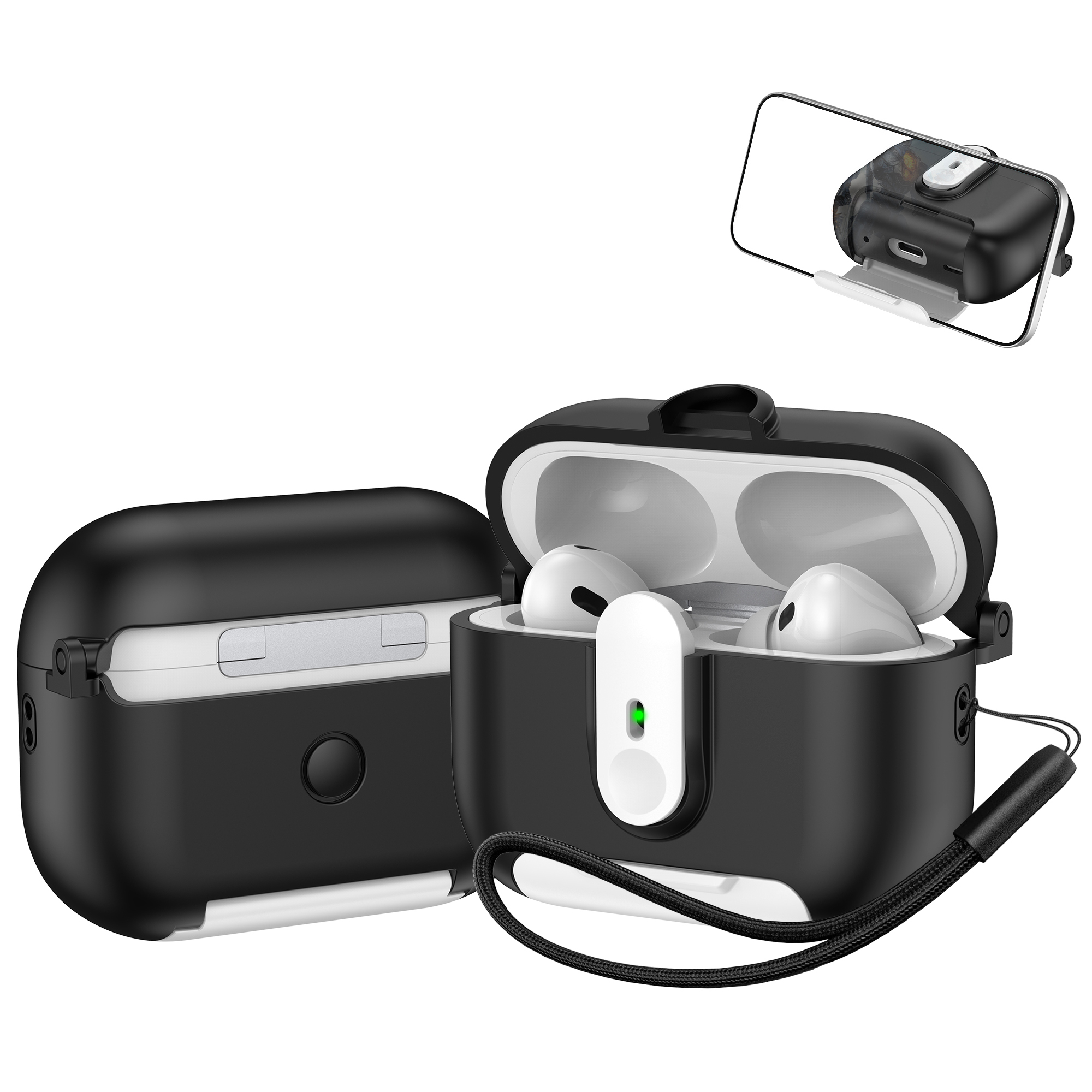 For Apple AirPods Pro Protective Case Switch Lock Earbuds Cover with Stand and Lanyard - Black / White