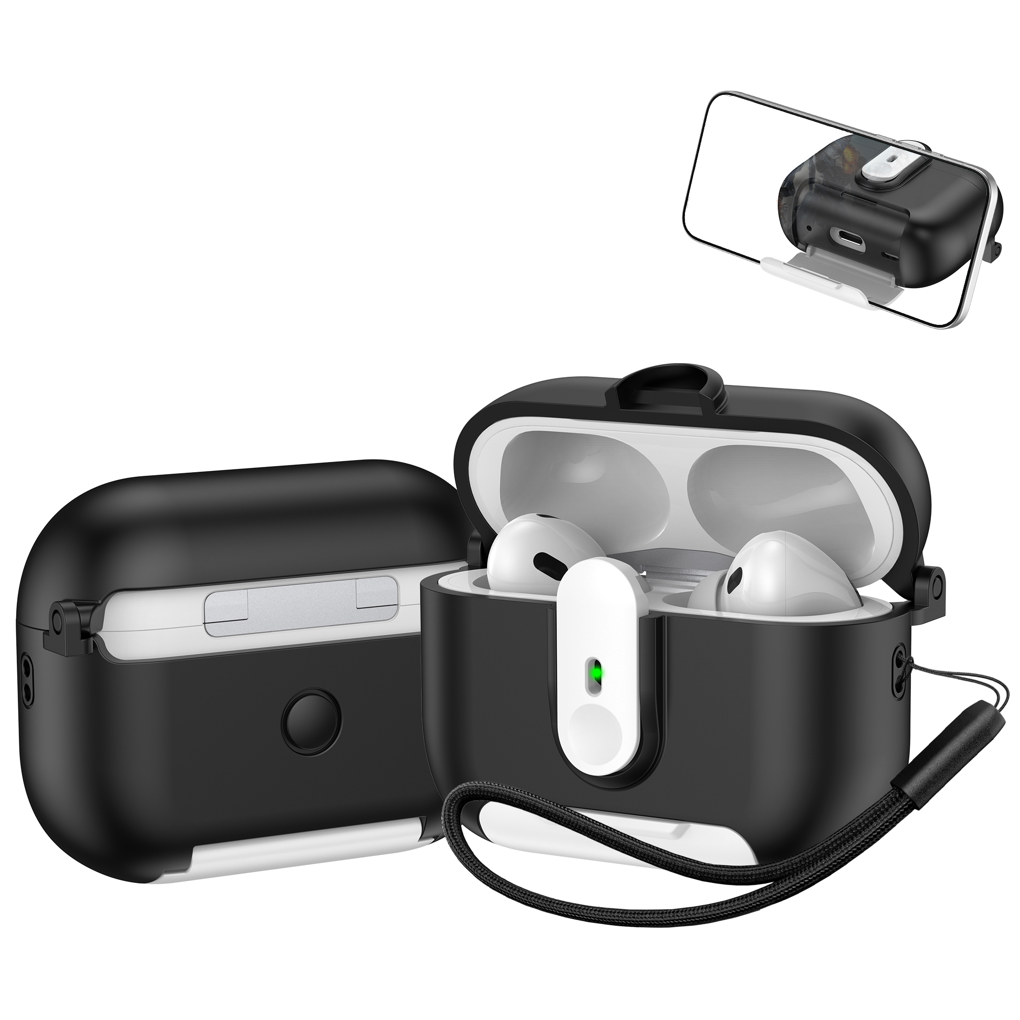 For Apple AirPods Pro 2 Protective Case Switch Lock Earbuds Cover with Stand and Lanyard - Black / White