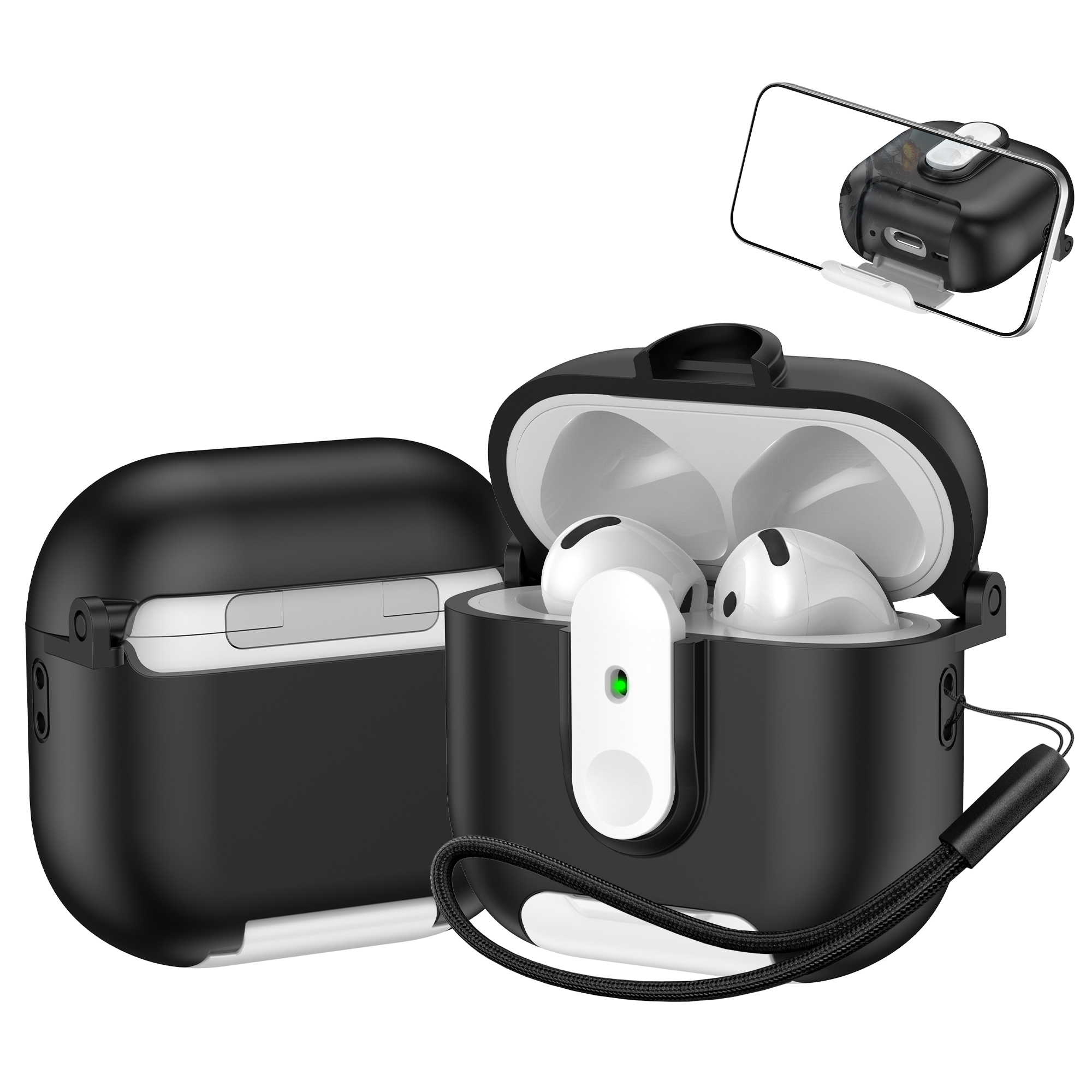 For Apple AirPods 4 Protective Case Switch Lock Earbuds Cover with Stand and Lanyard - Black / White