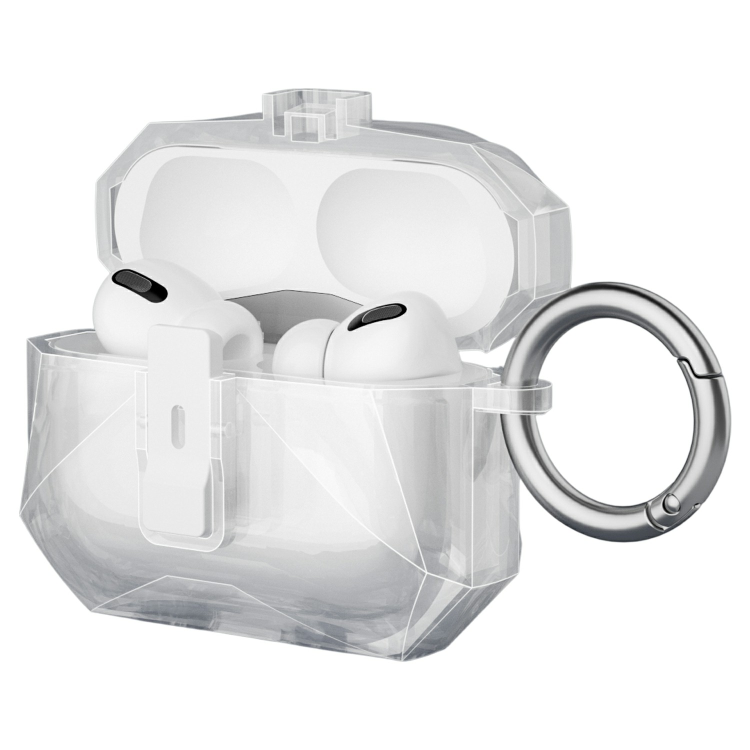 For AirPods Pro 2 Case Auto Pop-Up Lock Design TPU Protective Cover with Carabiner - Transparent