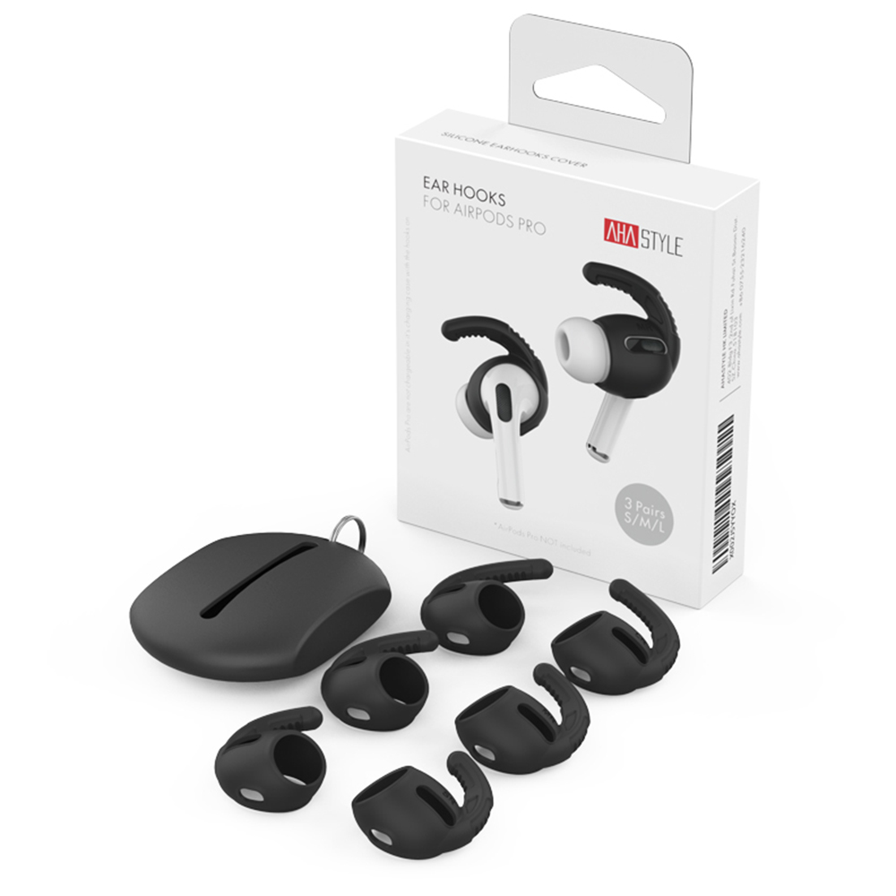 AHASTYLE PT100 3 Pairs For AirPods Pro Silicone Ear Hooks Anti Lost Earhooks Ear Tips - Black / Size S+M+L