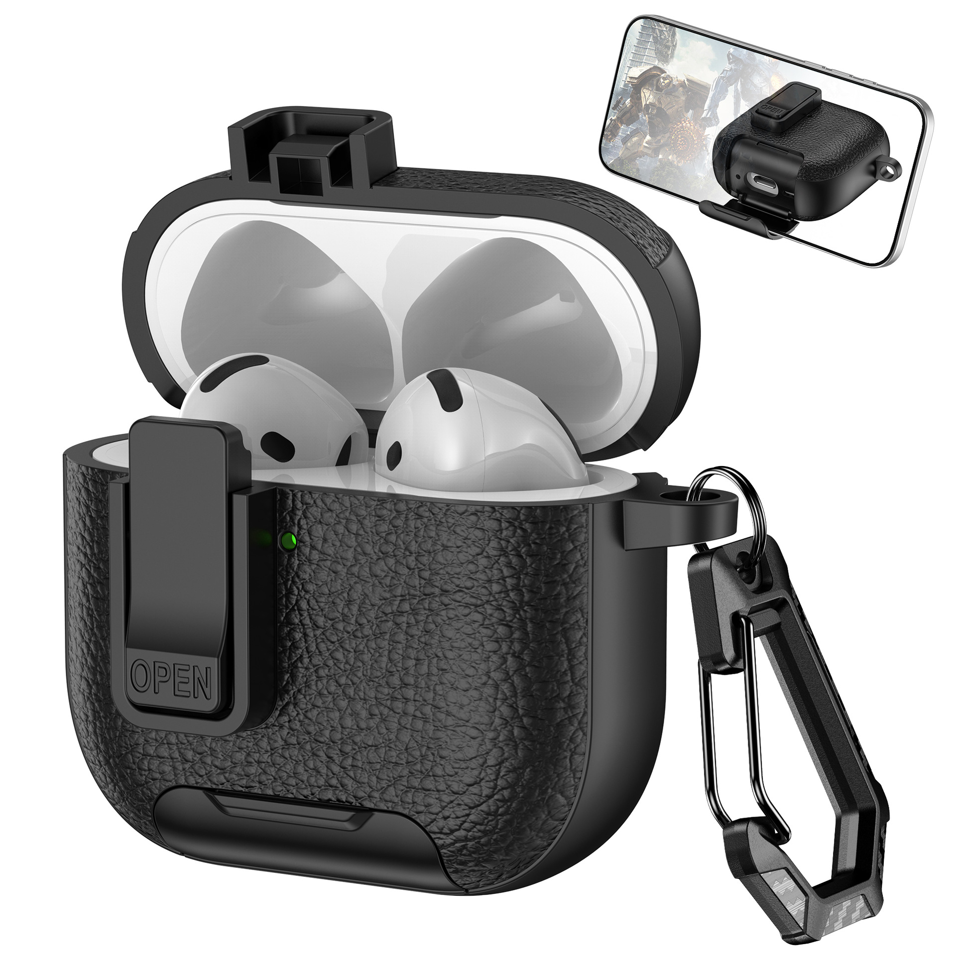 For AirPods 4 Case Leather Texture Lock Stand Design Earphone Protective Cover with Carabiner - Black