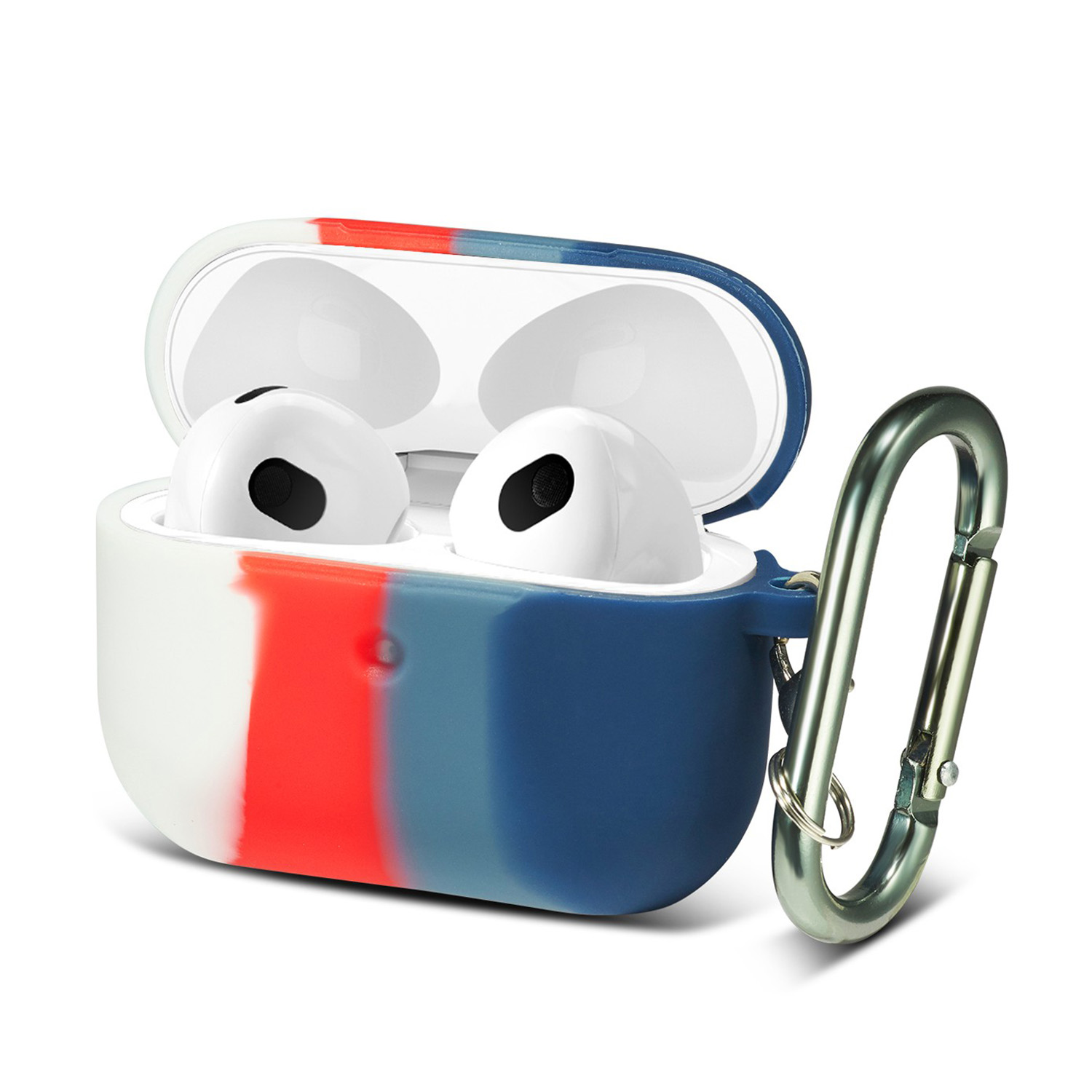 

Rainbow Soft Silicone Earphone Protective Case Shell with Carabiner for Airpods 3 - White/Dark Blue, Other Apple Models