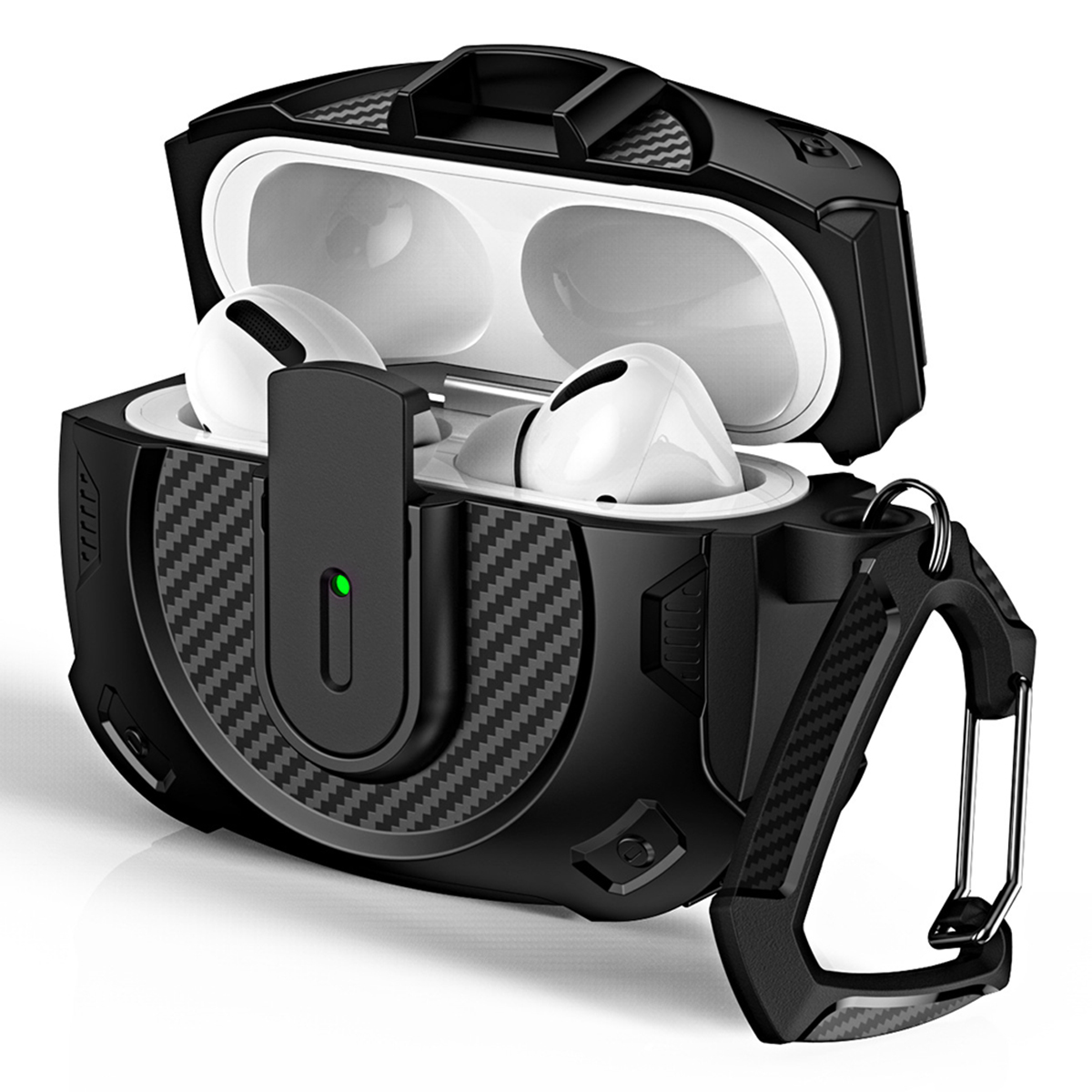 COTECI For AirPods 4 Battle Armor Case Carbon Fiber PC + TPU Earphone Cover with Carabiner - Black