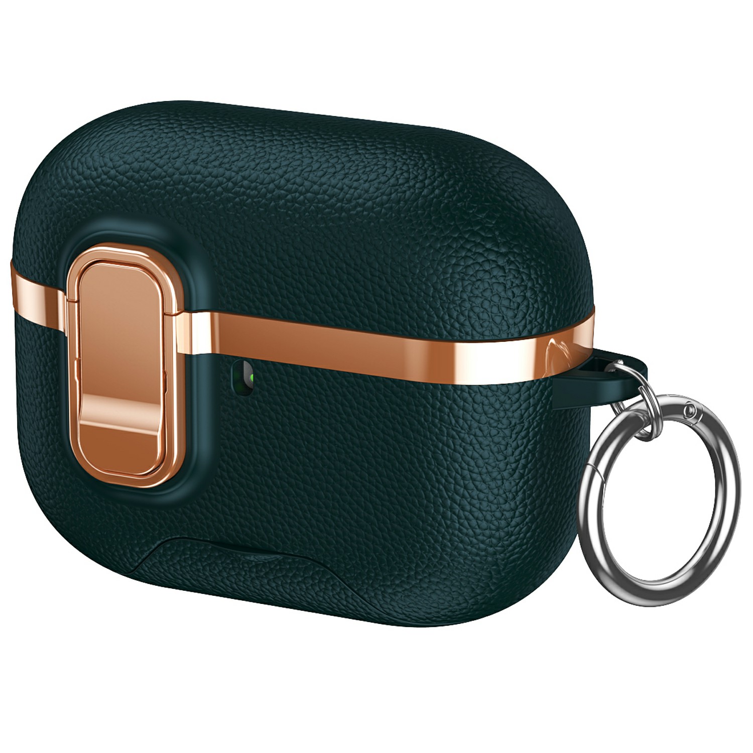 For AirPods Pro Case Foldable Stand Electroplated Litchi Texture TPU PC Earbuds Cover with Switch  /  Carabiner - Dark Green