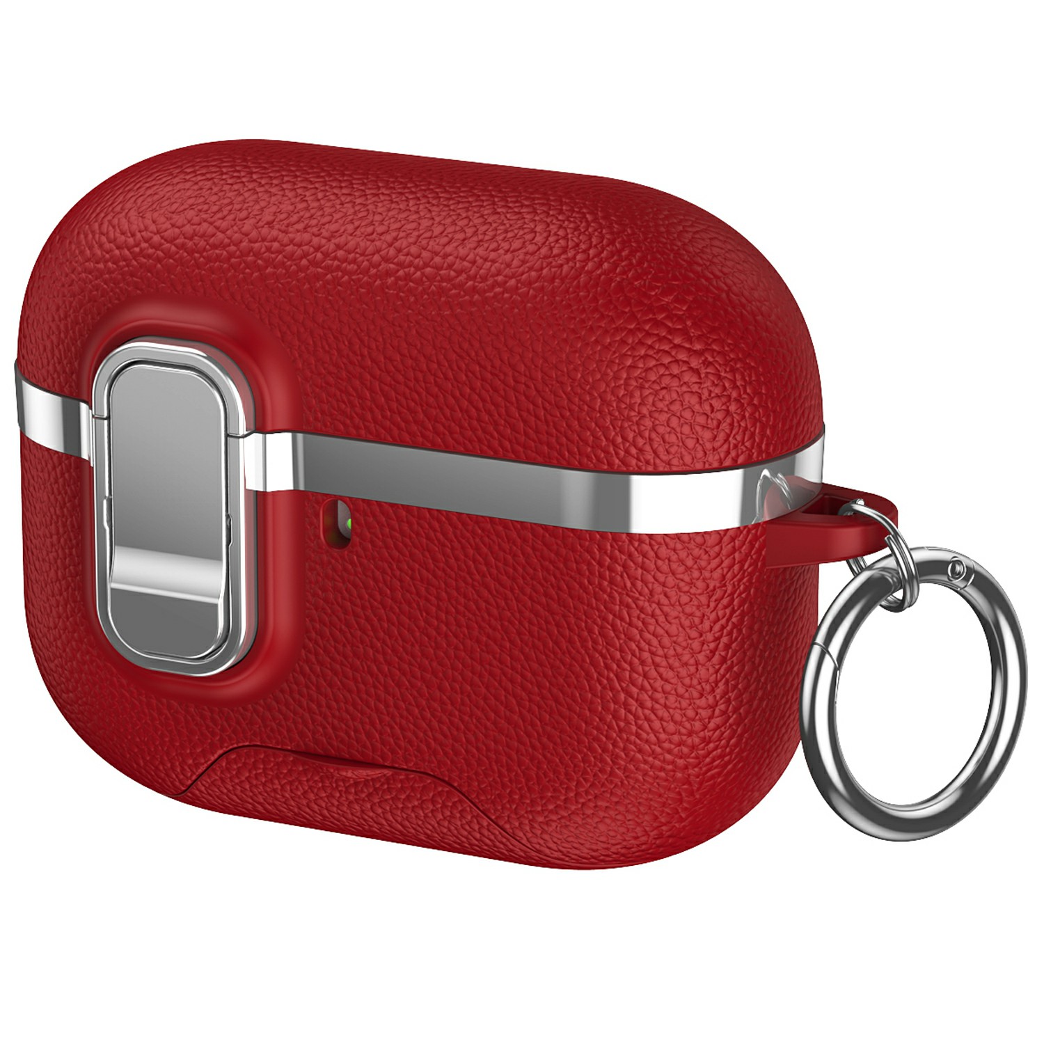 For AirPods Pro Case Foldable Stand Electroplated Litchi Texture TPU PC Earbuds Cover with Switch  /  Carabiner - Red