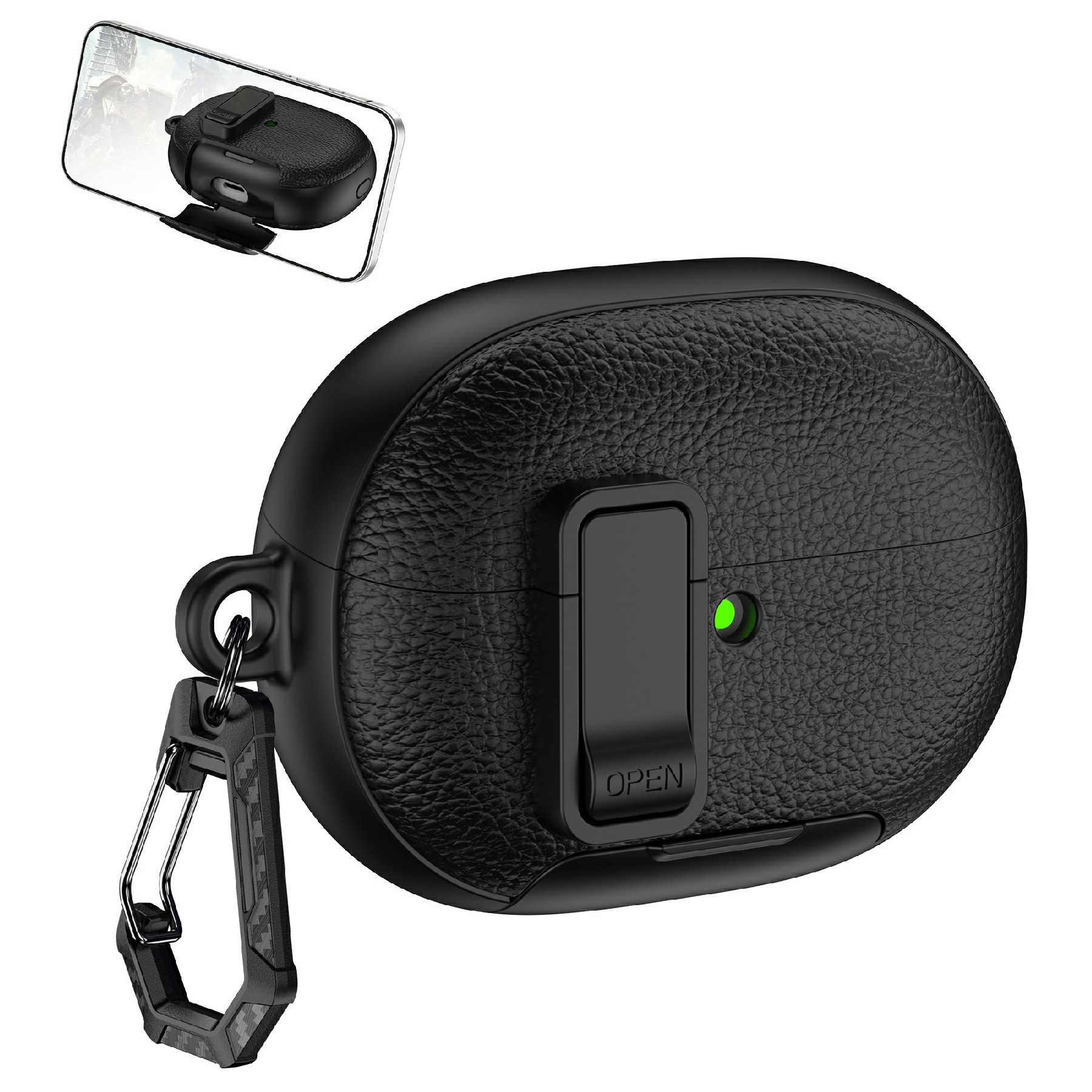 For Huawei FreeBuds Pro 5 Protective Case with Stand Litchi Texture TPU + PC Earphone Cover with Lock and Carabiner - Black