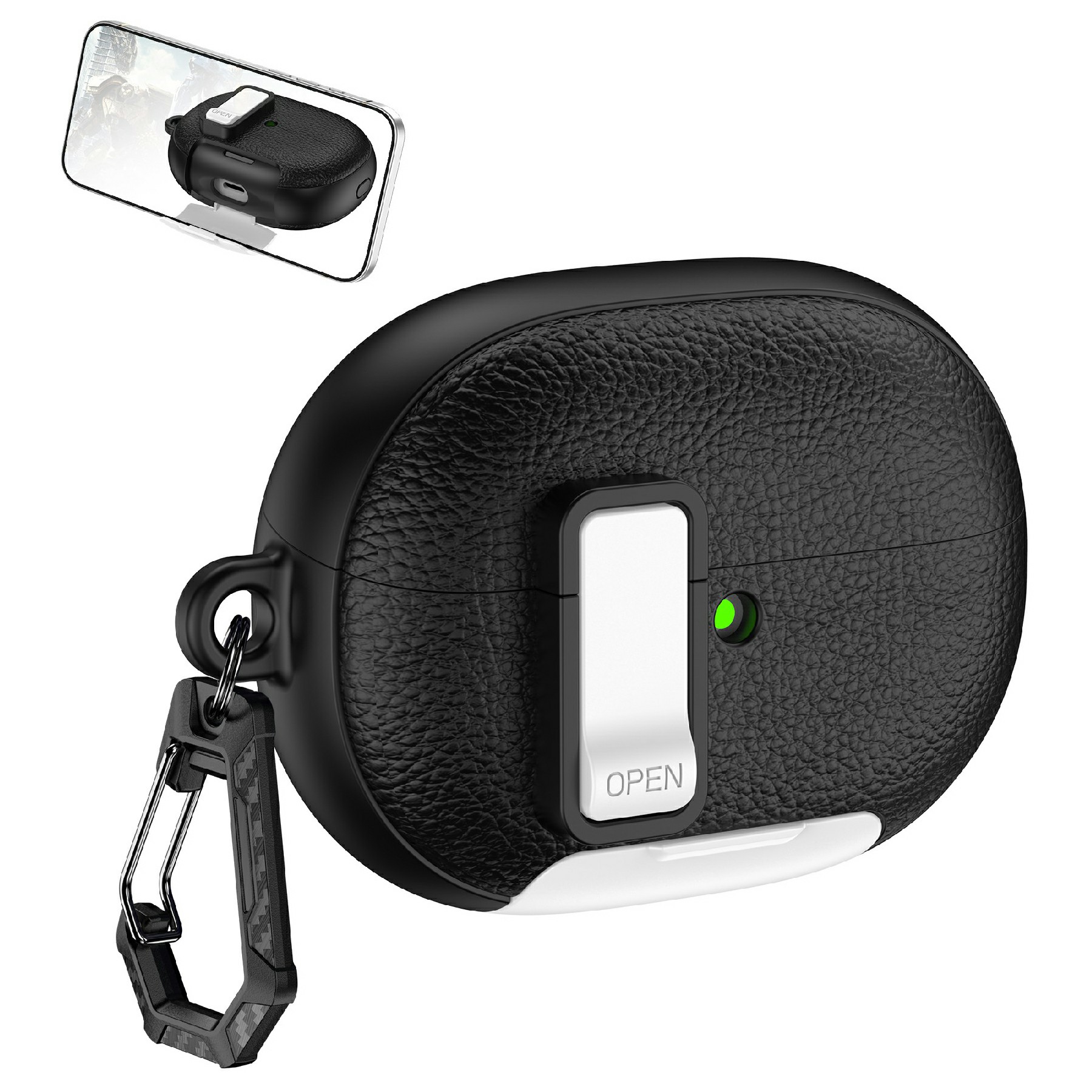 For Huawei FreeBuds Pro 5 Protective Case with Stand Litchi Texture TPU + PC Earphone Cover with Lock and Carabiner - Black / White