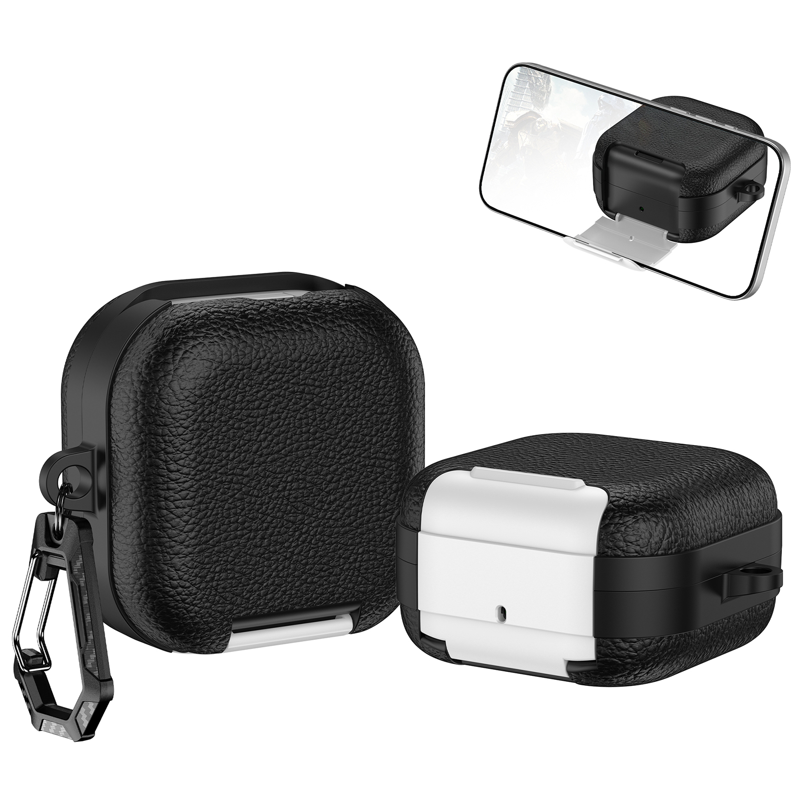 For Samsung Galaxy Buds4 / Buds4 Pro Protective Case with Stand Litchi Texture TPU + PC Earphone Cover with Lock and Carabiner - Black / White