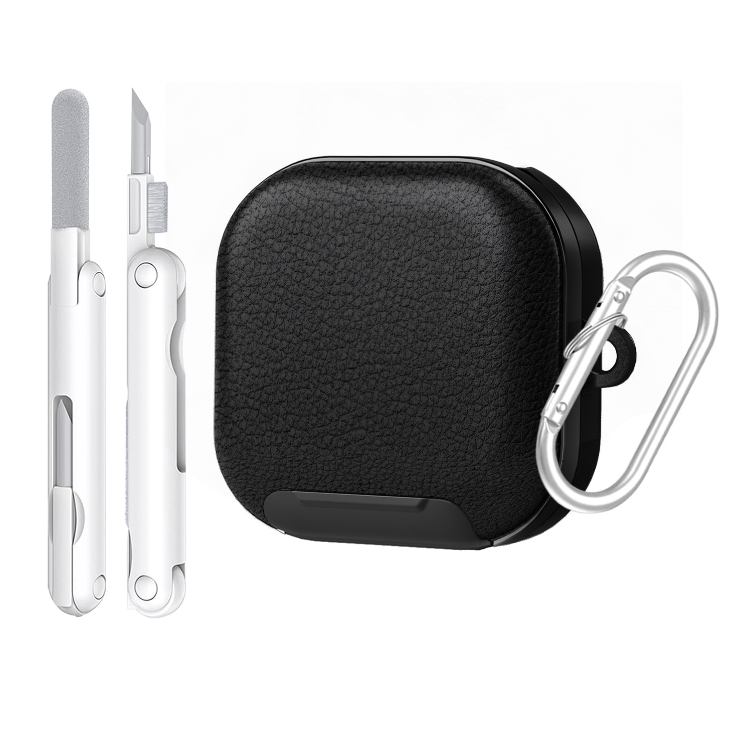 For Samsung Galaxy Buds4 / Buds4 Pro Case Phone Stand PU Leather PC TPU Earphone Cover with Hanging Hook / Cleaning Pen - Black