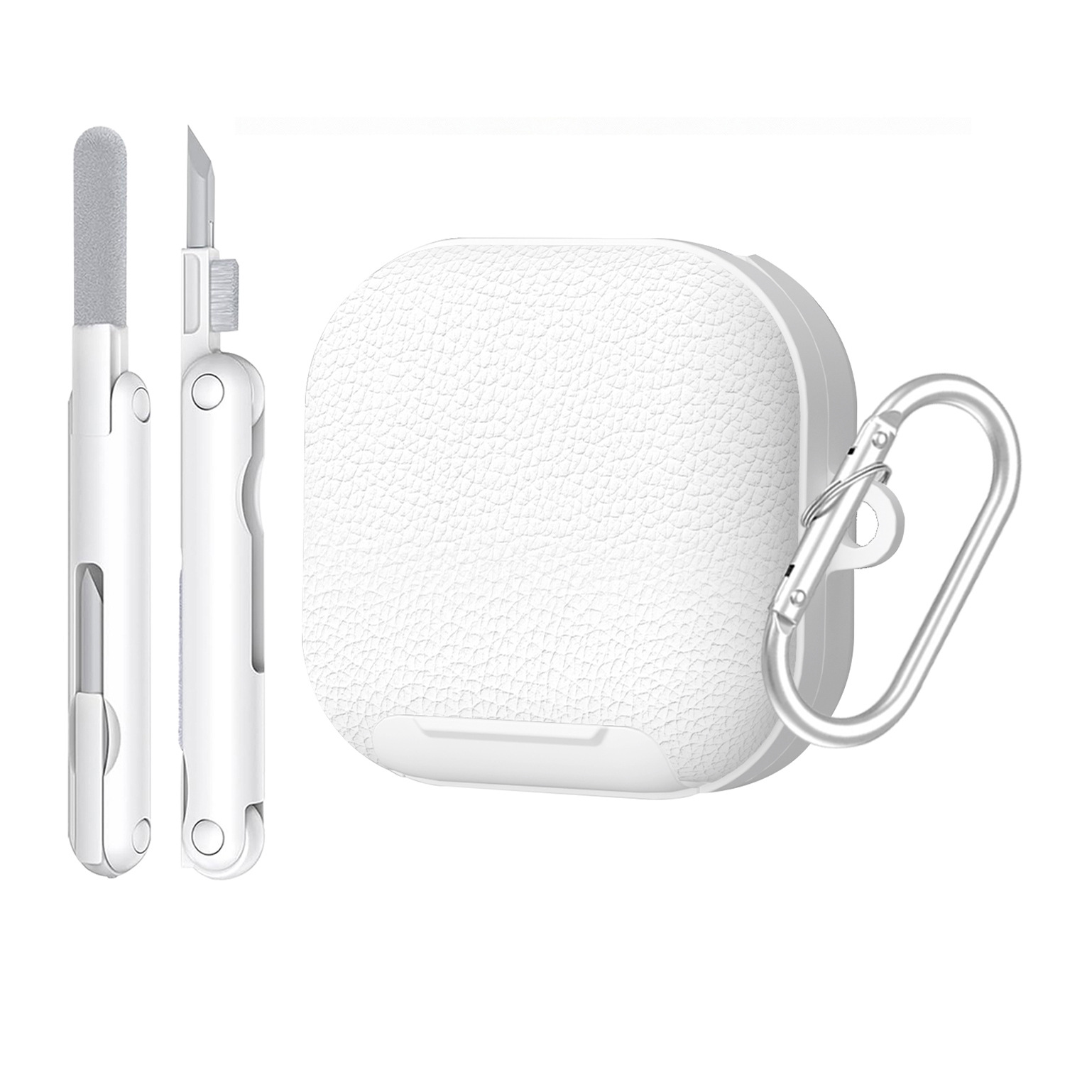 For Samsung Galaxy Buds4 / Buds4 Pro Case Phone Stand PU Leather PC TPU Earphone Cover with Hanging Hook / Cleaning Pen - White