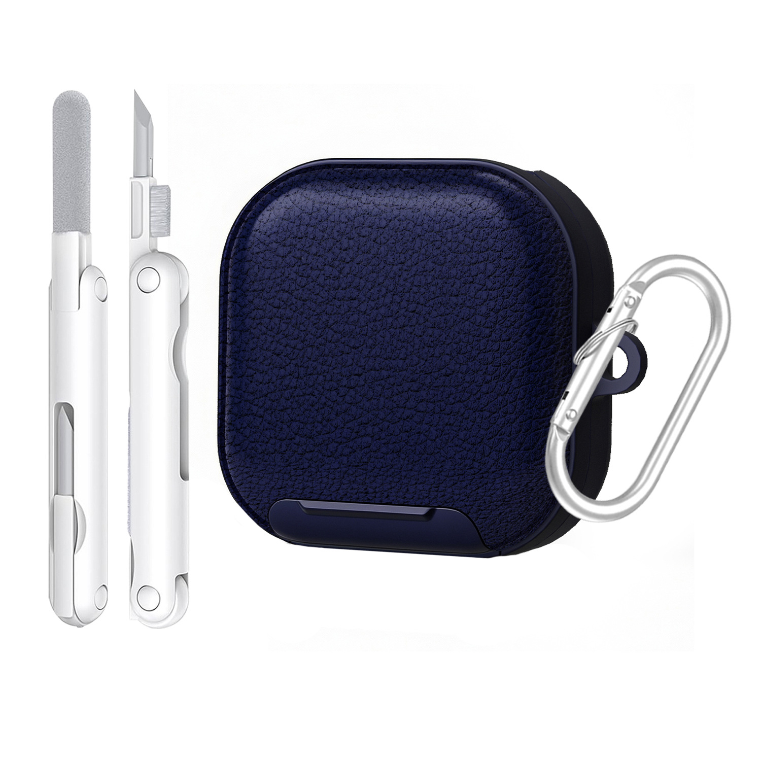 For Samsung Galaxy Buds4 / Buds4 Pro Case Phone Stand PU Leather PC TPU Earphone Cover with Hanging Hook / Cleaning Pen - Blue
