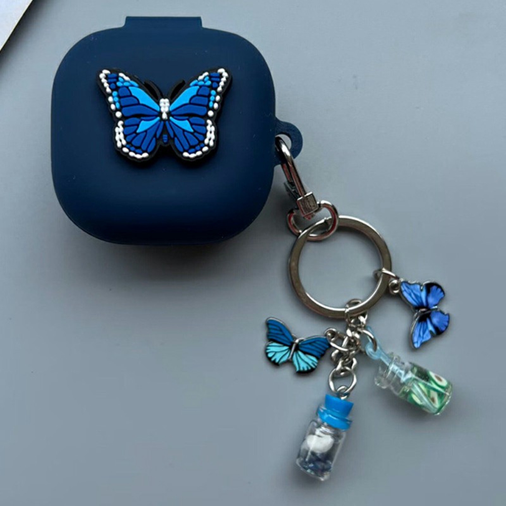 For Samsung Galaxy Buds4 / Buds4 Pro Silicone Case Butterfly Decor Earphone Cover with Metal Keychain Pendant - Dark Blue