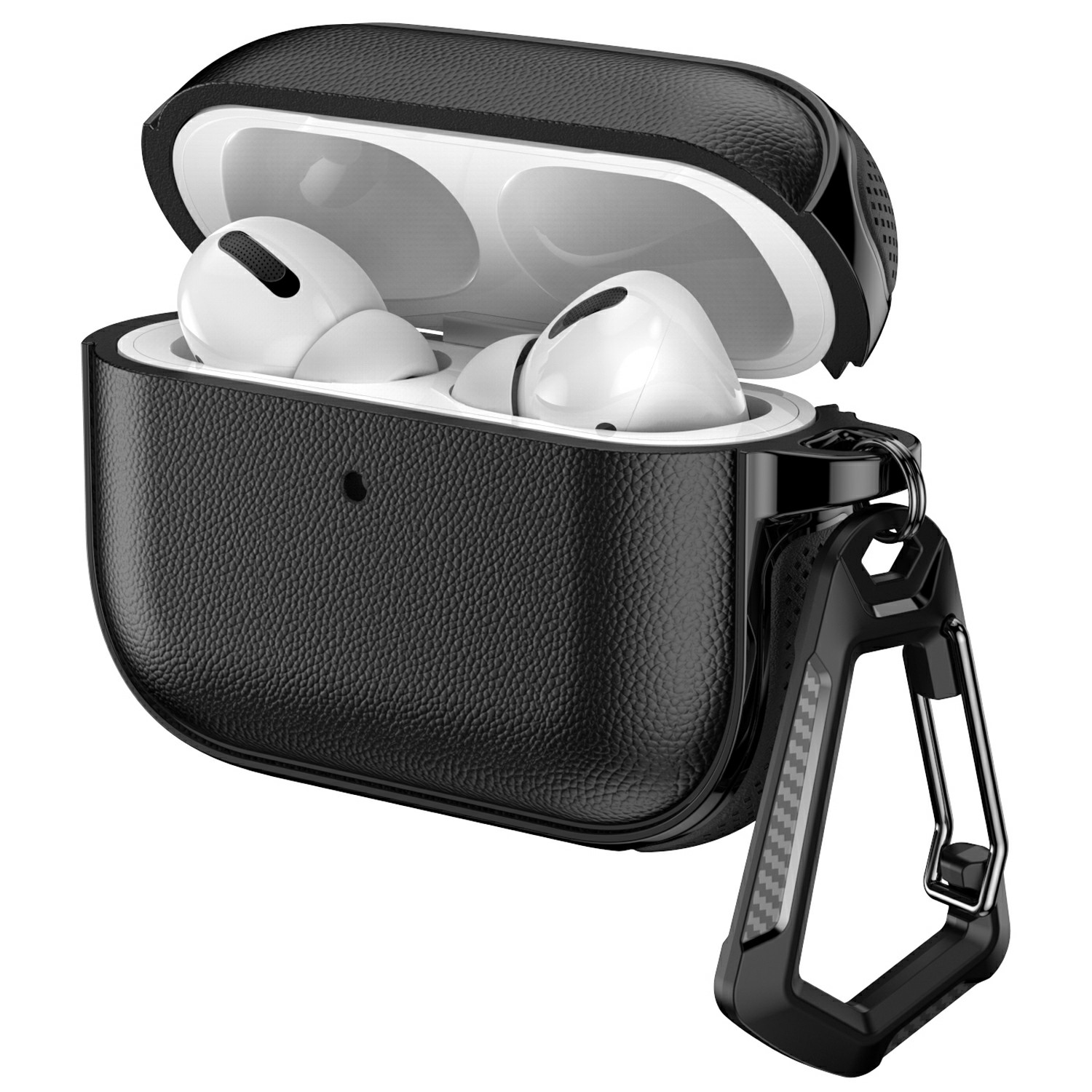 For AirPods 4 Case Split Design Leather Texture TPU Earphone Cover with Metal Carabiner - Black