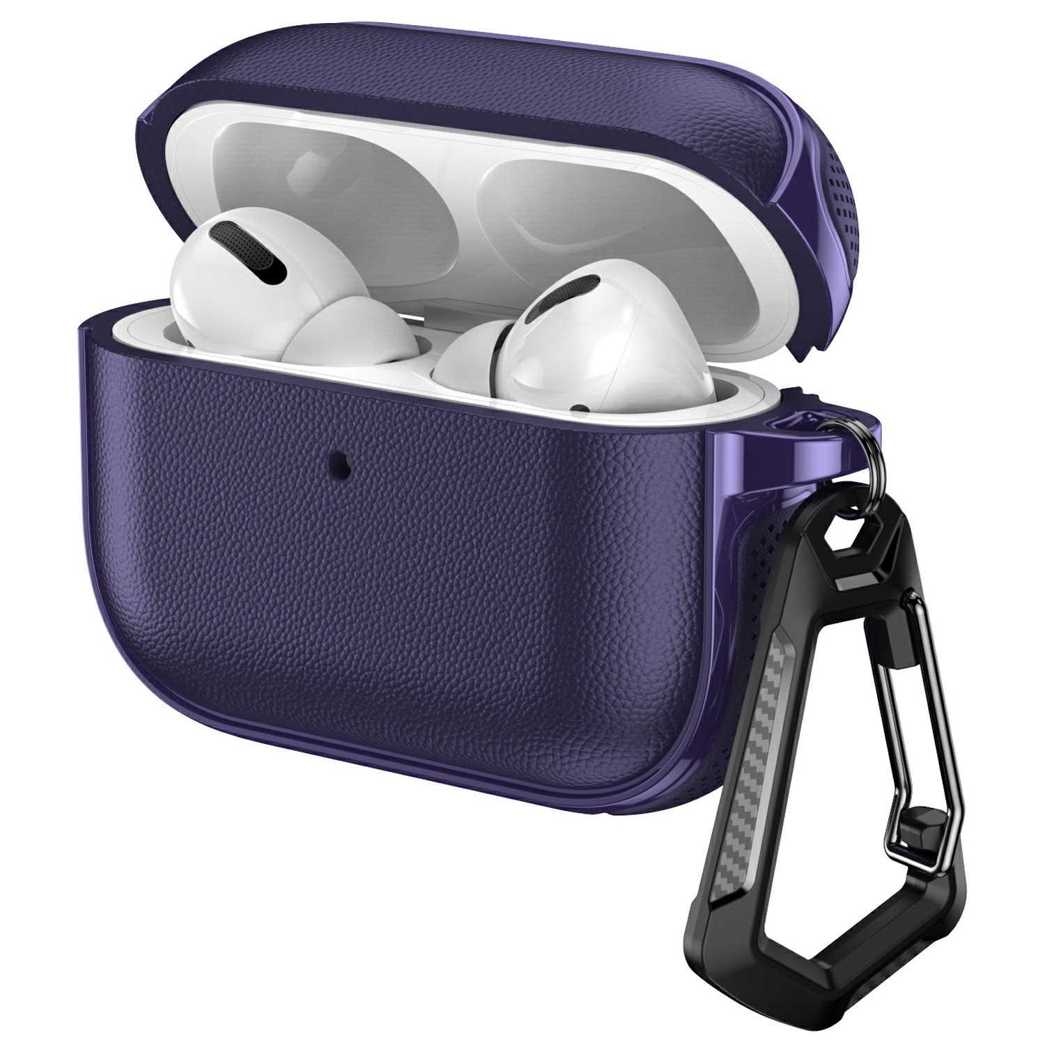 For AirPods 4 Case Split Design Leather Texture TPU Earphone Cover with Metal Carabiner - Purple