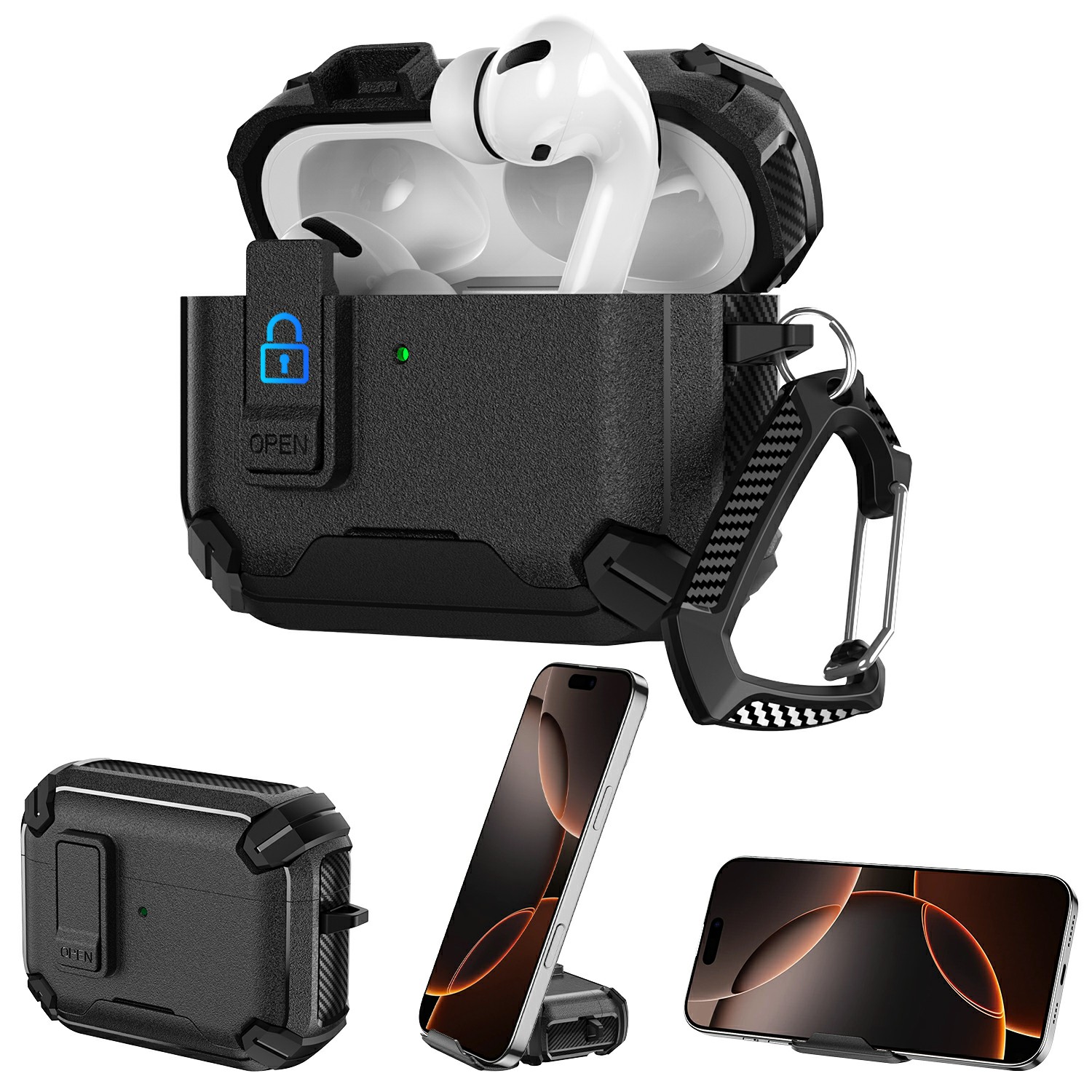 For AirPods 4 Earphone Case Phone Stand TPU + PC Shockproof Cover with Carabiner - Black