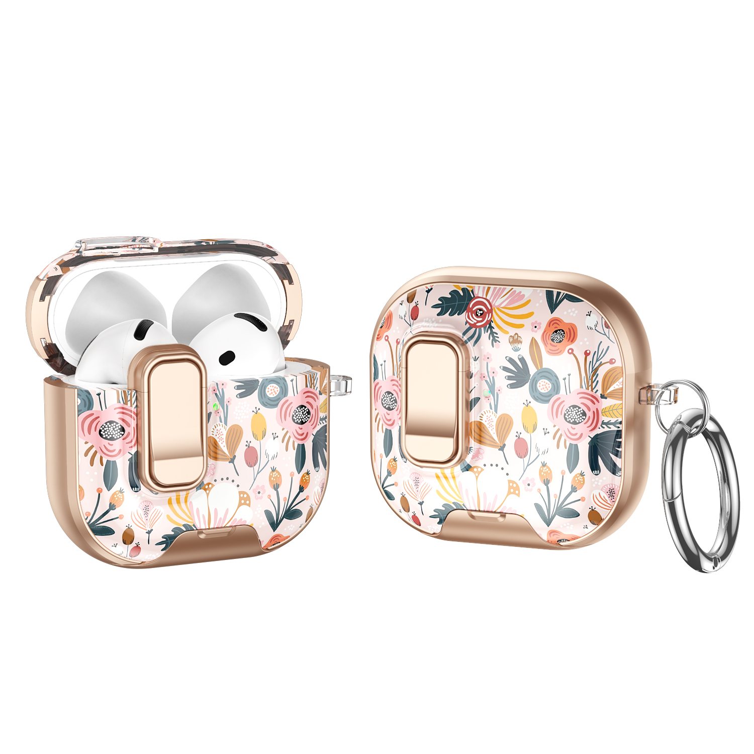 For AirPods 4 with ANC Case Phone Stand Lock Design Patttern Print TPU PC Earphone Cover with Metal Carabiner - Colorful Flowers