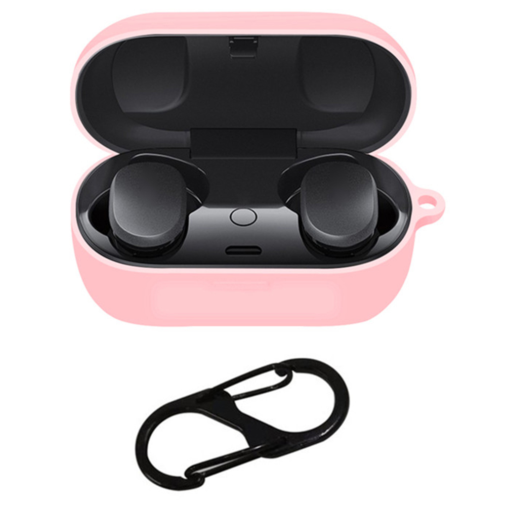Silicone Case for Bose QuietComfort Earbuds Anti-slip Shockproof Washable Protective Cover with Carabiner Hook - Pink