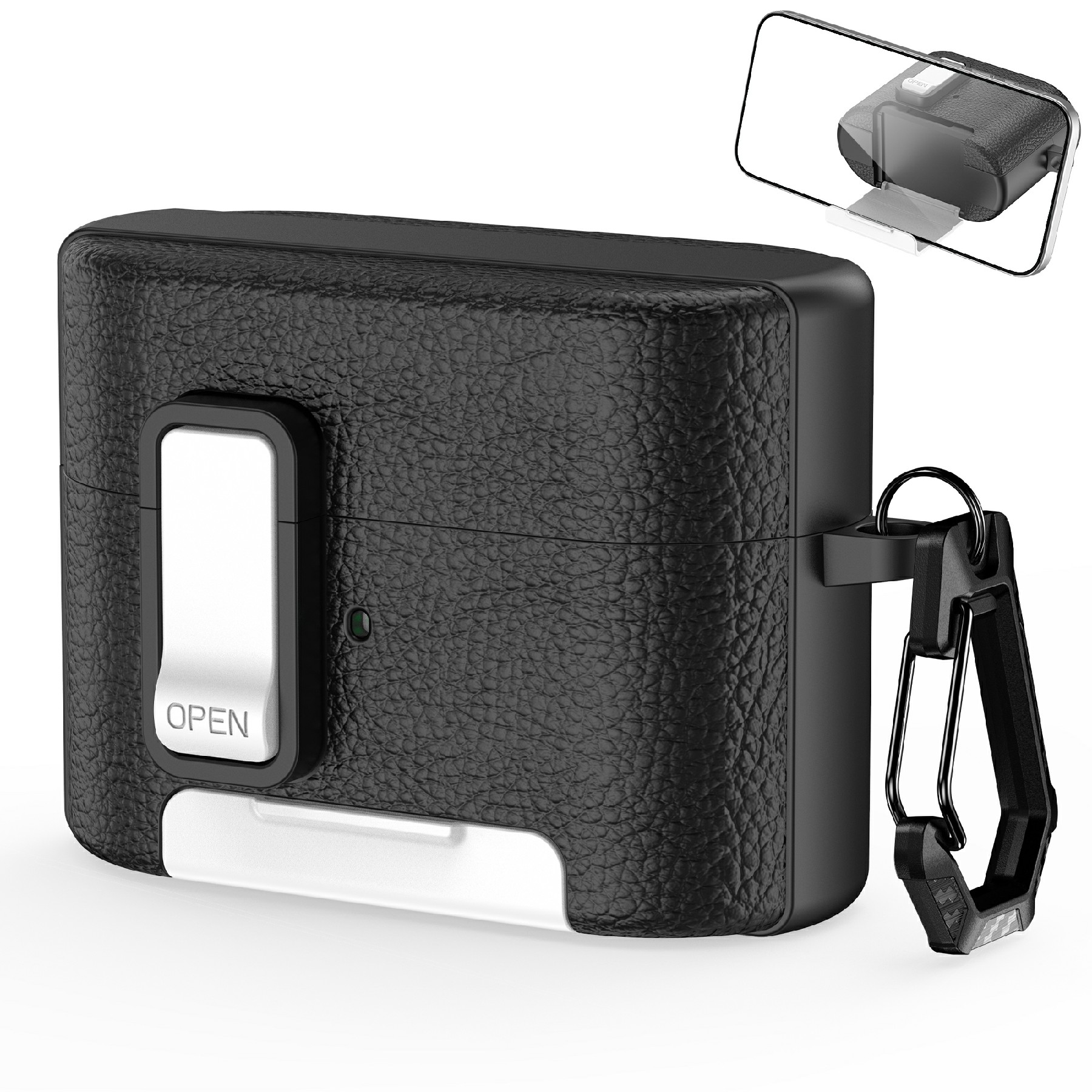 For Sony WF-1000XM6 Protective Case with Stand Litchi Texture TPU + PC Earphone Cover with Lock and Carabiner - Black / White