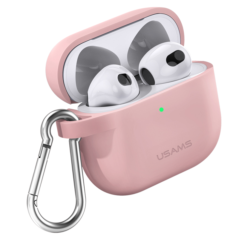 

USAMS US-BH741 Silicone Bluetooth Earphone Case Protective Cover Shell with Carabiner for Apple AirPods 3 - Pink, AirPods 3