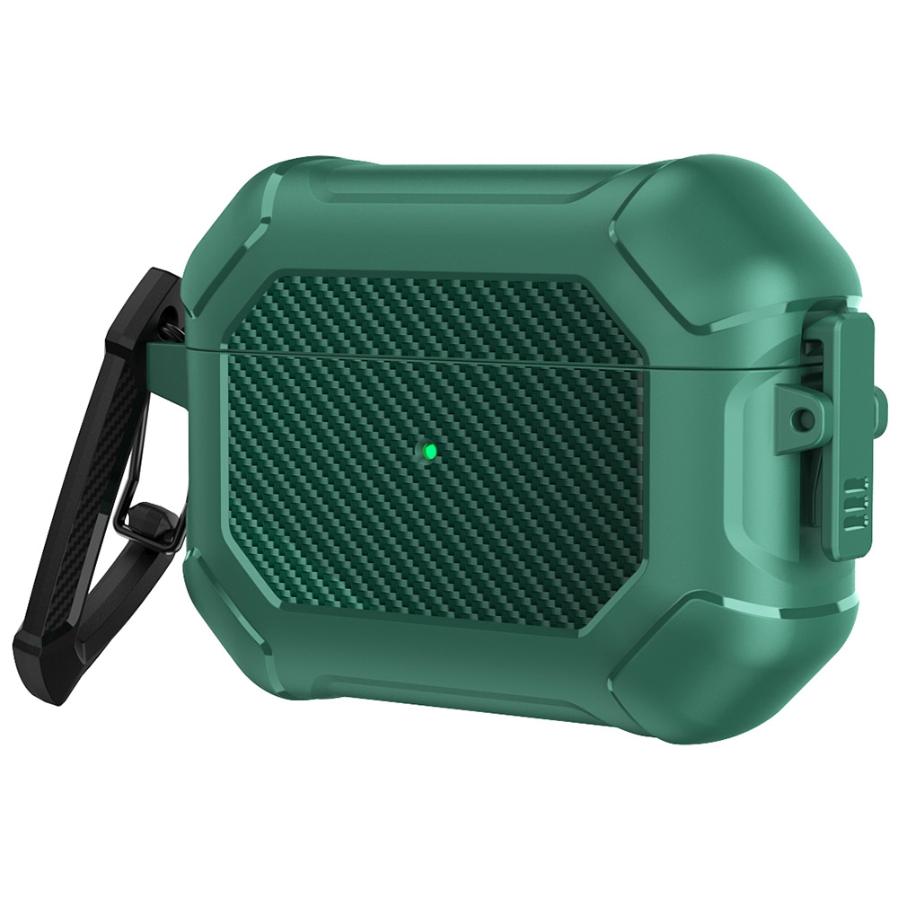 

For Apple AirPods Pro Carbon Fiber Anti-Drop Case Portable Bluetooth Earbuds Soft TPU+PC Cover with Buckle - Green, AirPods Pro