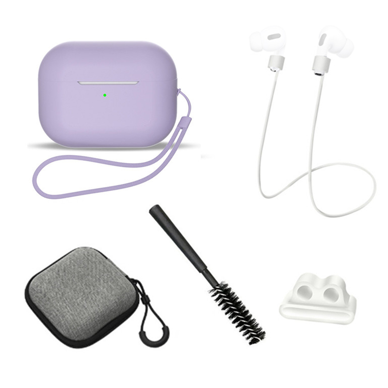 

Für AirPods Pro 2 6-in-1 Silikon-schutzabdeckung + Anti-lost-seil + Speichergehäuse + Pinsel + Watch Band-ohrhörer + Handseil - Helles Lila, AirPods Pro 2