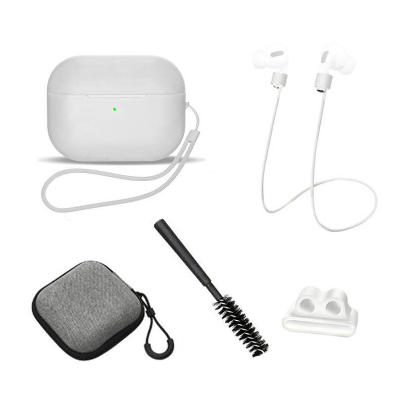 

Für AirPods Pro 2 6-in-1 Silikon-schutzabdeckung + Anti-lost-seil + Speichergehäuse + Pinsel + Watch Band-ohrhörer + Handseil - Transparent Weiß, AirPods Pro 2