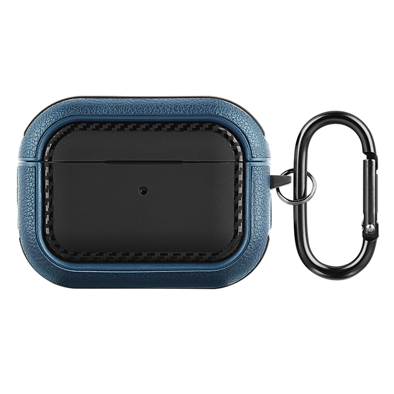 

Für Apple AirPods Pro Ohrhöhe Hülle Pu-leder-beschichtete TPU Impact-resistente Abdeckung Mit Schlüsselbundhaken - Schwarz+blau, AirPods Pro