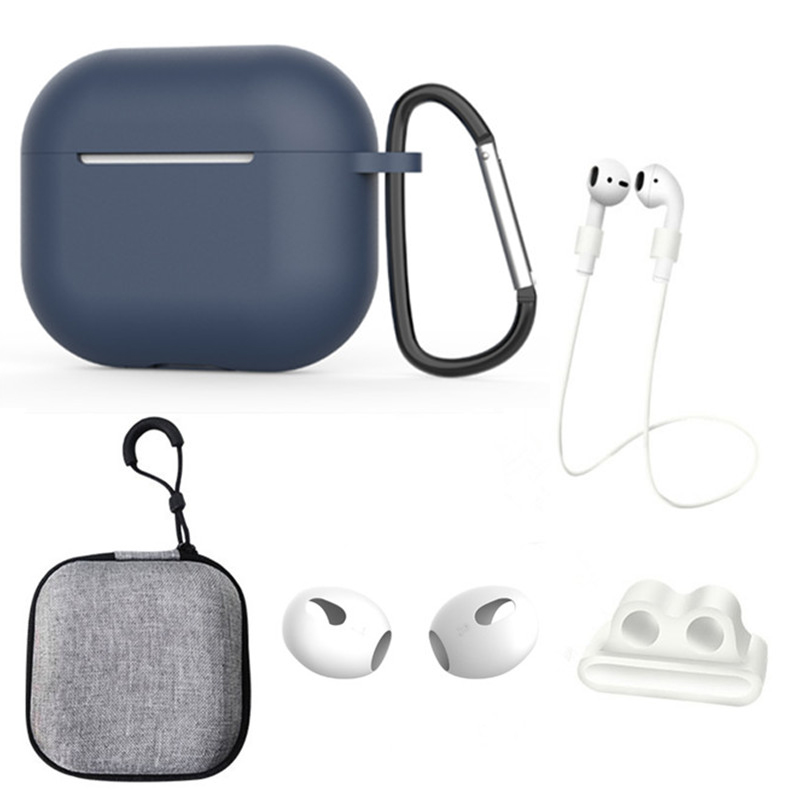 

Für Apple AirPods 3 6-in-1 Silikonkoffer Anti-lanyard Watch Bandhalter Ohrhänger Ohrkappe Aufbewahrungsbox - Mitternachtsblau, AirPods 3