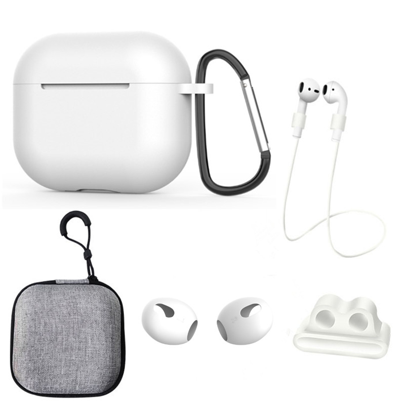 

Für Apple AirPods 3 6-in-1 Silikonkoffer Anti-lanyard Watch Bandhalter Ohrhänger Ohrkappe Aufbewahrungsbox - Weiss, AirPods 3
