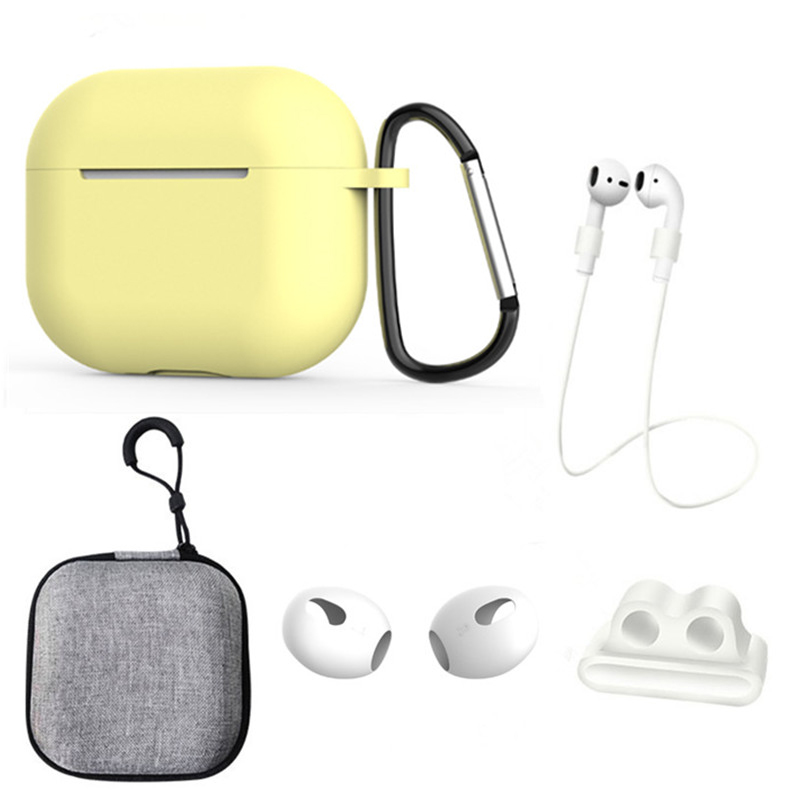 

Für Apple AirPods 3 6-in-1 Silikonkoffer Anti-lanyard Watch Bandhalter Ohrhänger Ohrkappe Aufbewahrungsbox - Gelb, AirPods 3