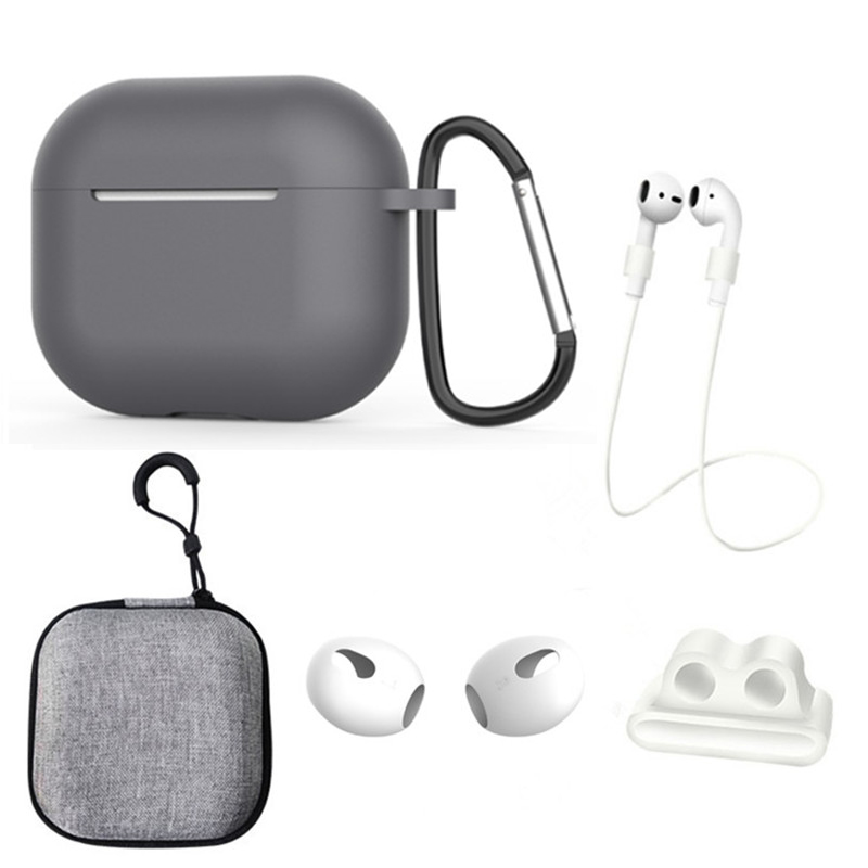 

Für Apple AirPods 3 6-in-1 Silikonkoffer Anti-lanyard Watch Bandhalter Ohrhänger Ohrkappe Aufbewahrungsbox - Dunkelgrau, AirPods 3
