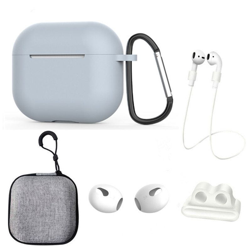 

Für Apple AirPods 3 6-in-1 Silikonkoffer Anti-lanyard Watch Bandhalter Ohrhänger Ohrkappe Aufbewahrungsbox - Hellgrau, AirPods 3