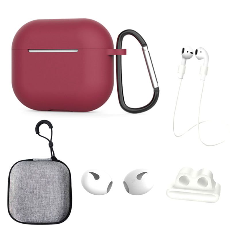 

Für Apple AirPods 3 6-in-1 Silikonkoffer Anti-lanyard Watch Bandhalter Ohrhänger Ohrkappe Aufbewahrungsbox - Weinrot, AirPods 3