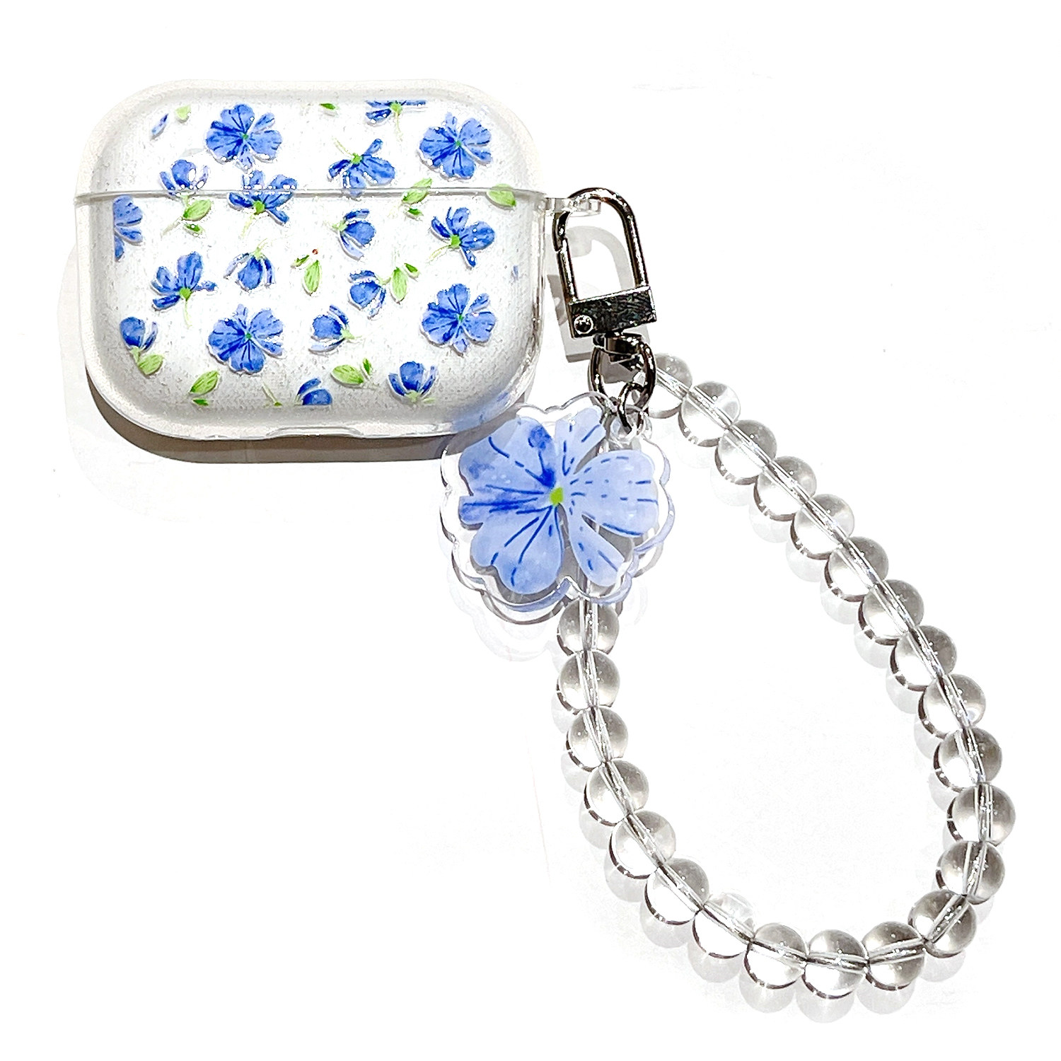 

Einköpfige Ohrhörer Für Airpods Pro 2, Weiche Tpu-blumenmuster-drucken Glitzer-kopfhörerabdeckung Mit Kette - Blaue Blumen, AirPods Pro 2