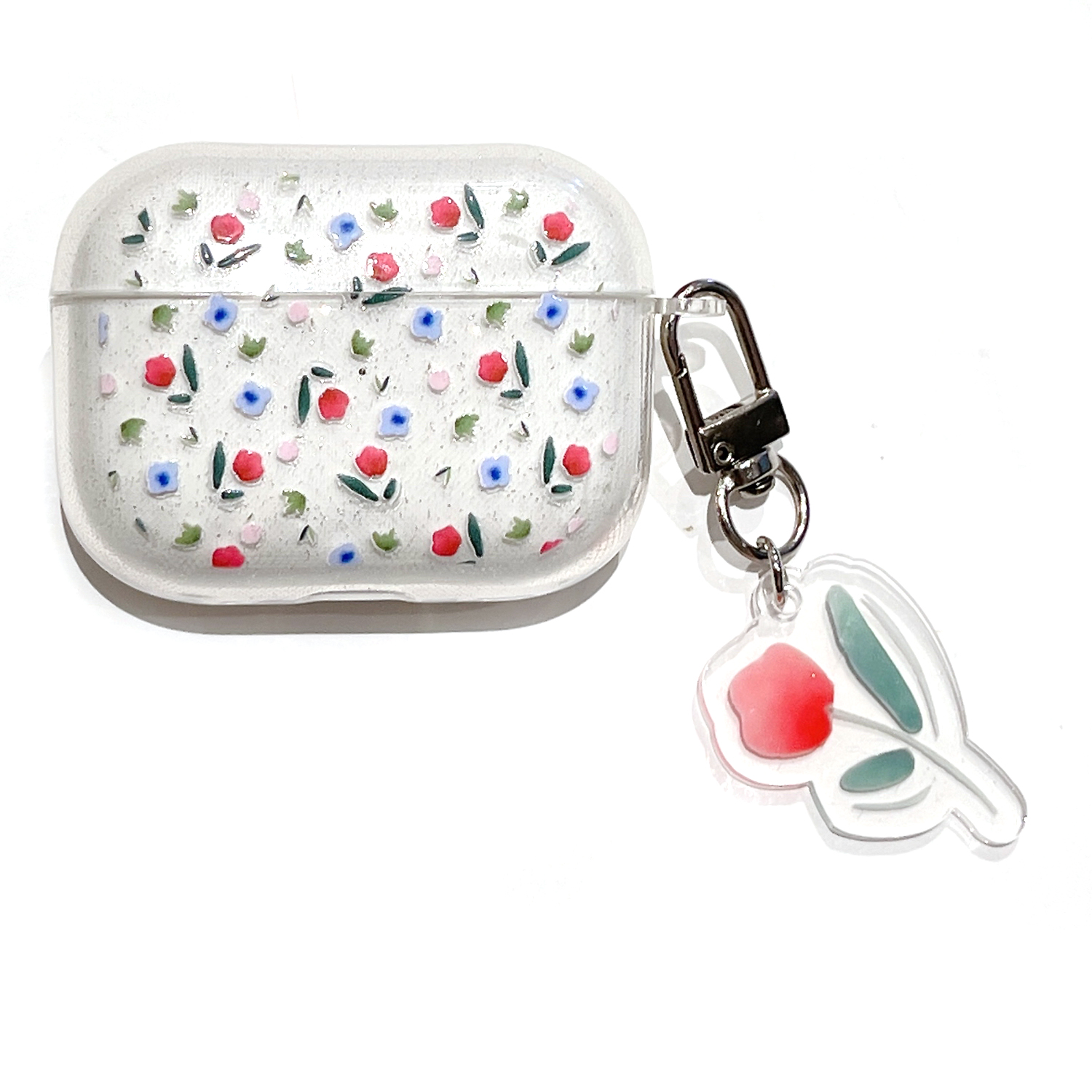

Für AirPods Pro 2 Einteilige Design-schutzabdeckung Blumenmuster Glitzer TPU Earphone Hülle Mit Anhänger - Rot+blaue Blumen, AirPods Pro 2