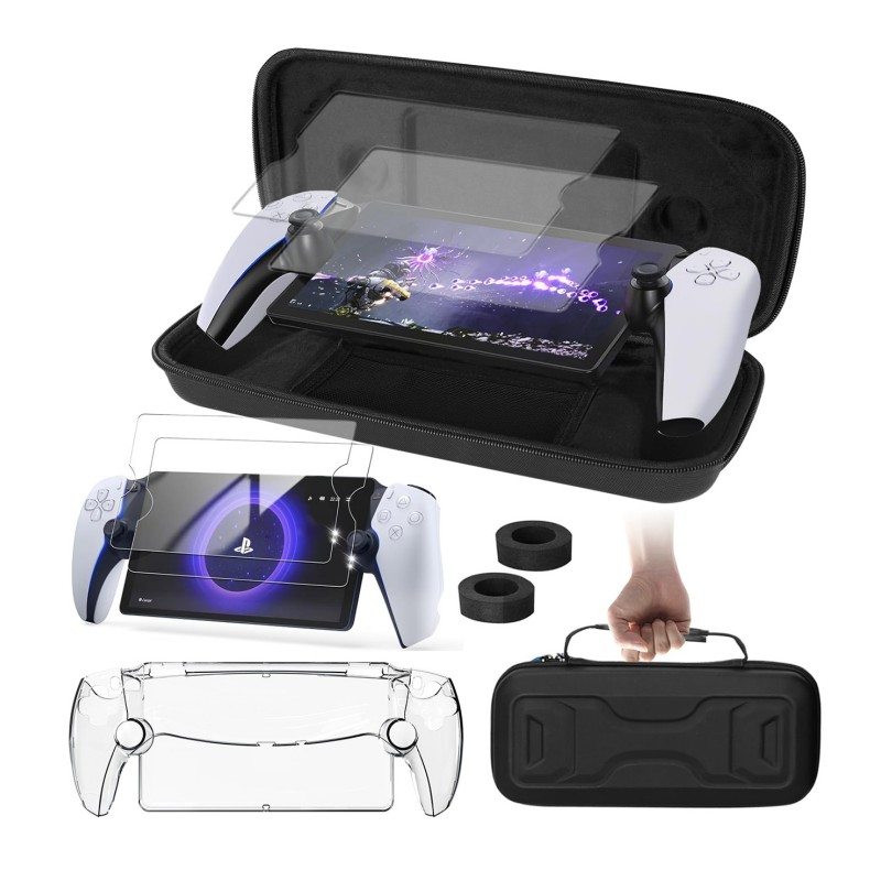For Sony PS5 Portal Handheld Game Console Storage Bag Set with Joystick Caps, Screen Protectors, Silicone Case